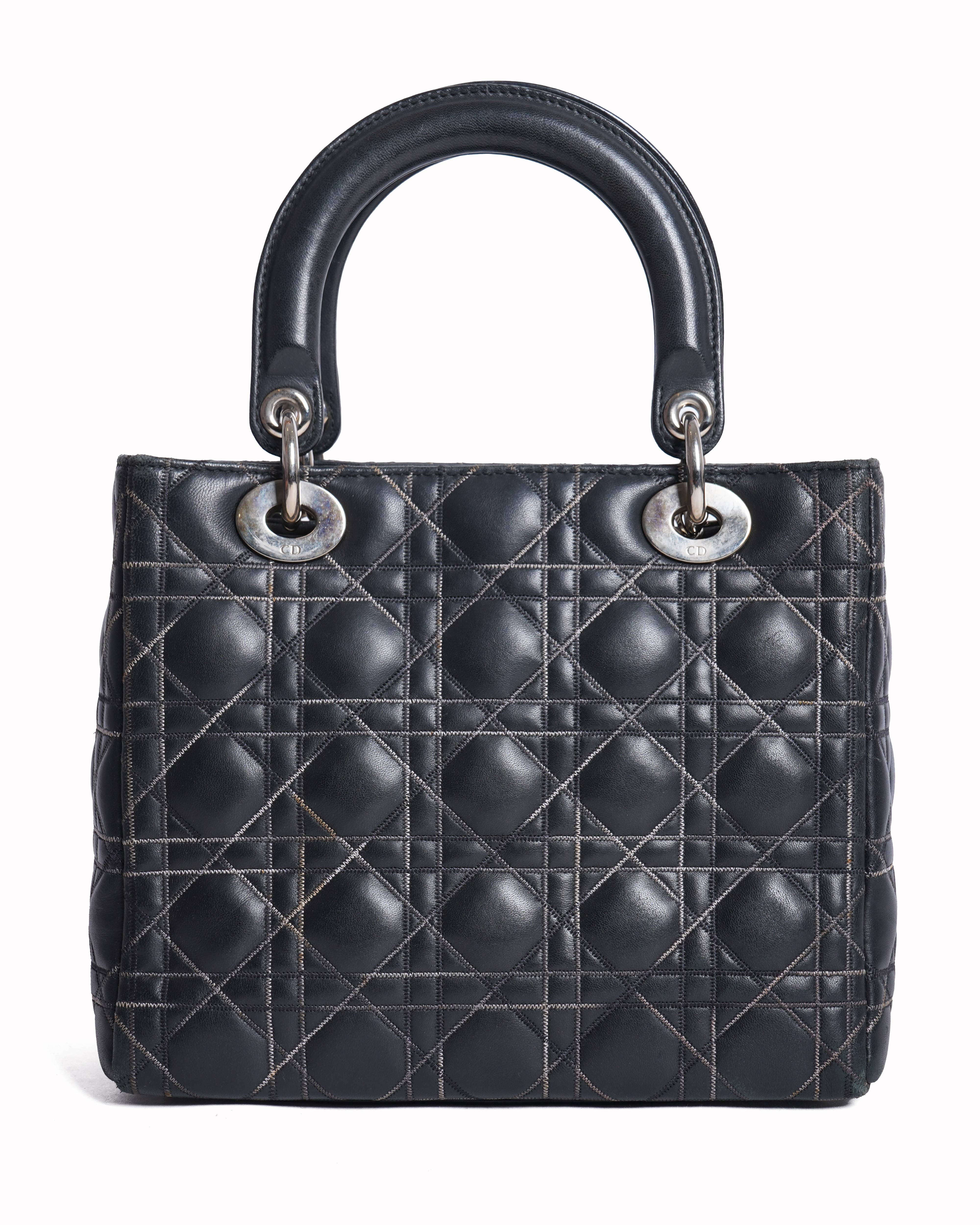 Christian dior limited edition medium lady dior in black Lambskin with Contrast / Criss-Cross Topstitching