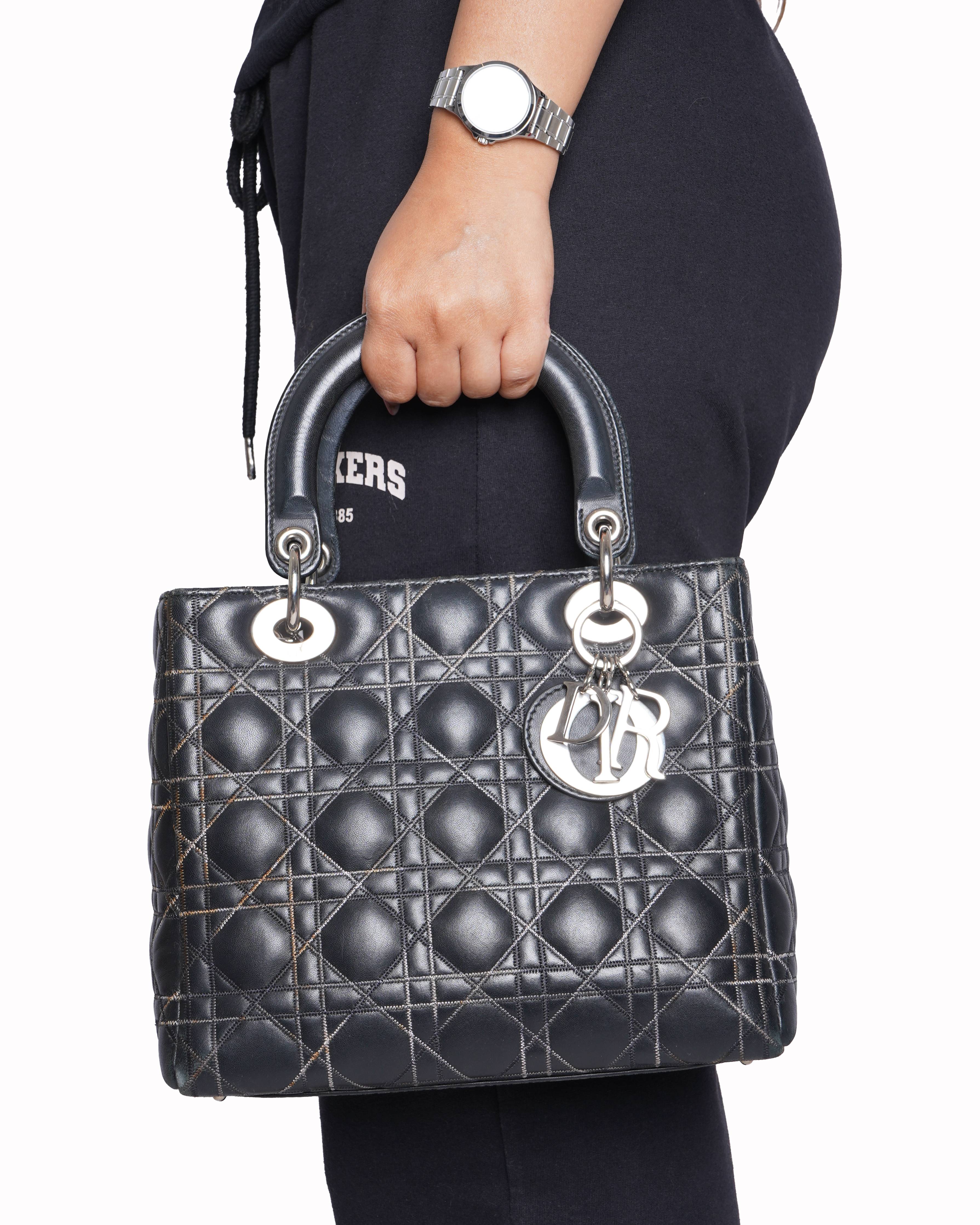 Christian dior limited edition medium lady dior in black Lambskin with Contrast / Criss-Cross Topstitching