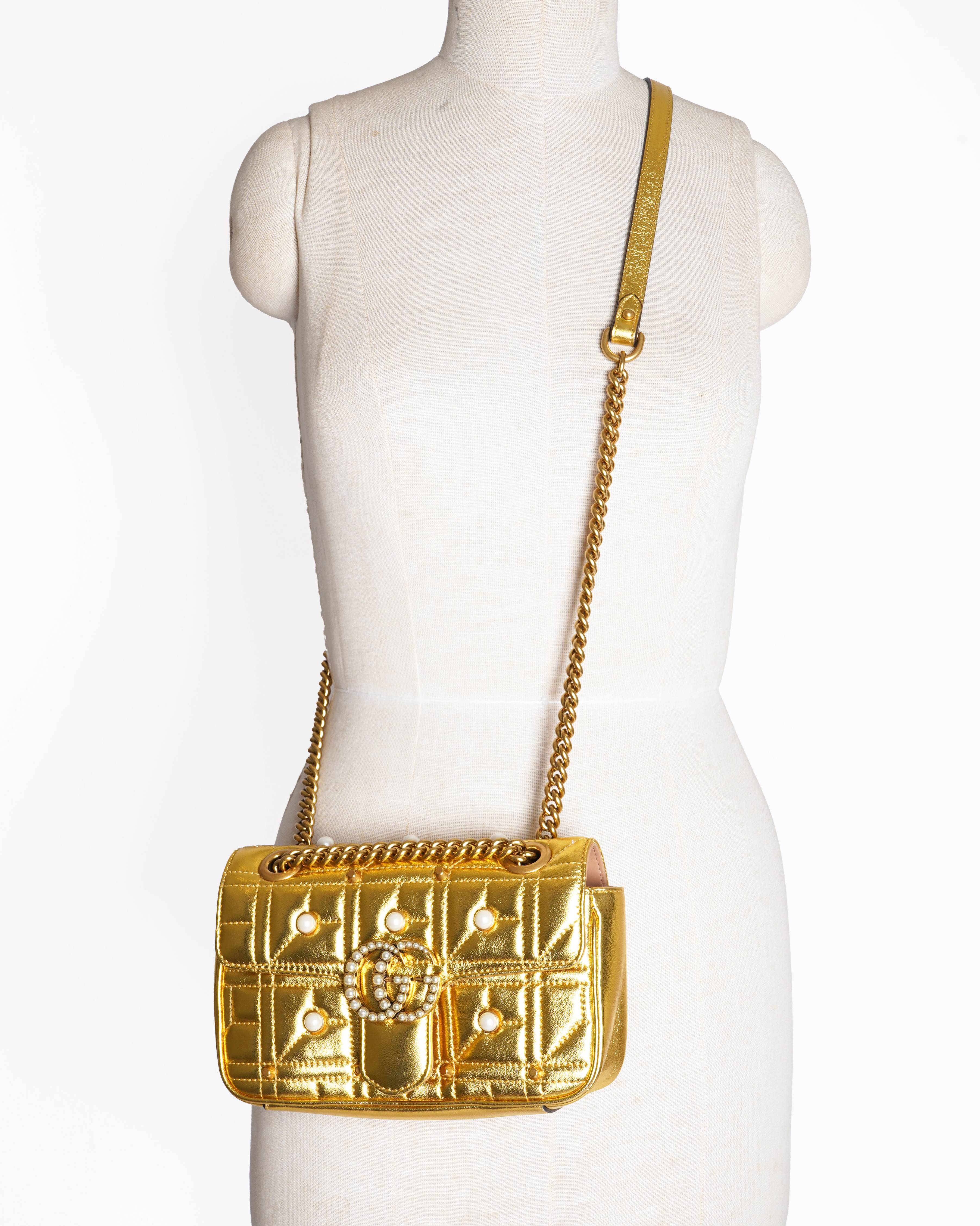 New Gucci Gold Quilted Leather & Pearl Marmont Shoulder Bag