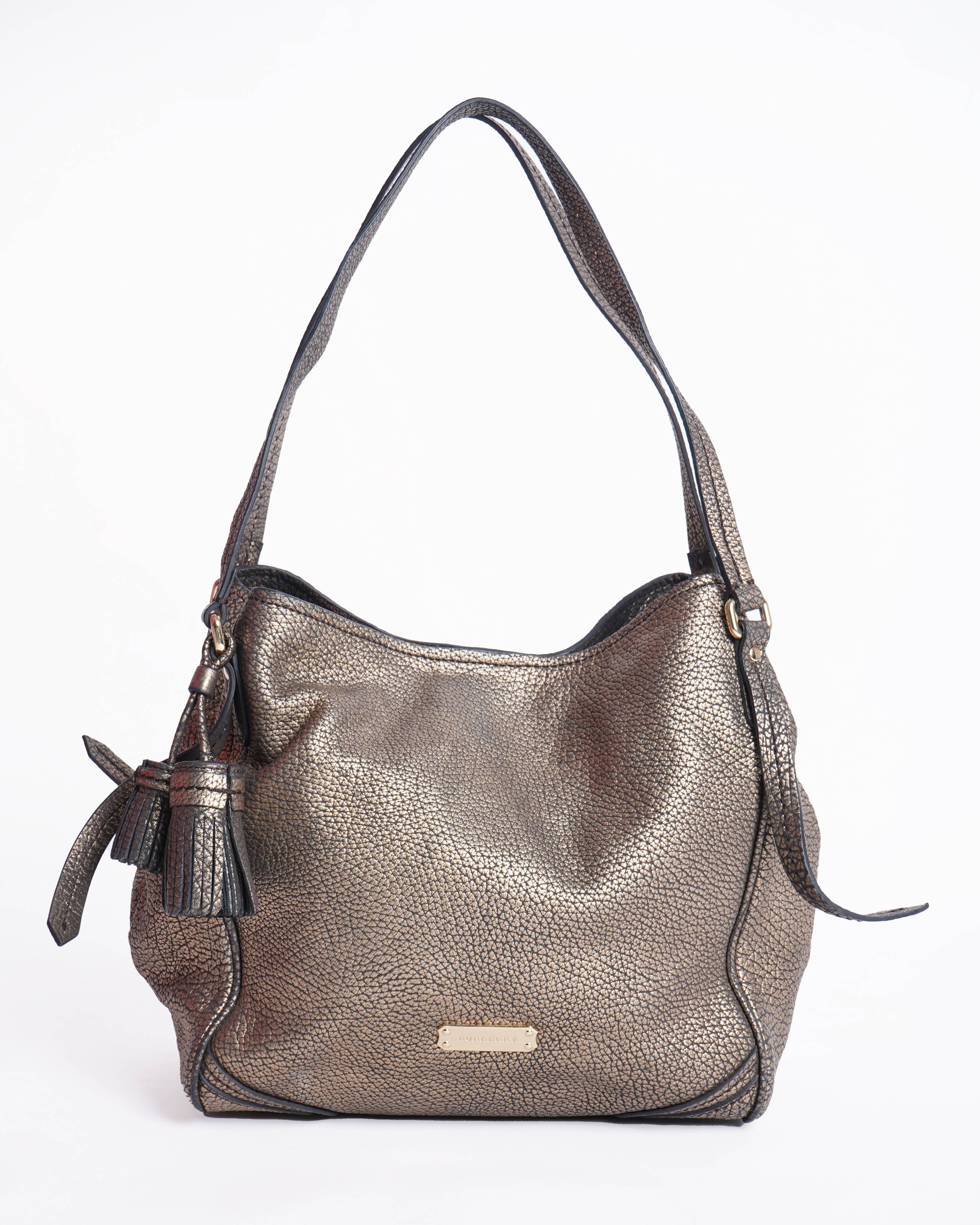 Burberry Metallic Gold Pebbled Leather Small Tassel Canterbury Tote