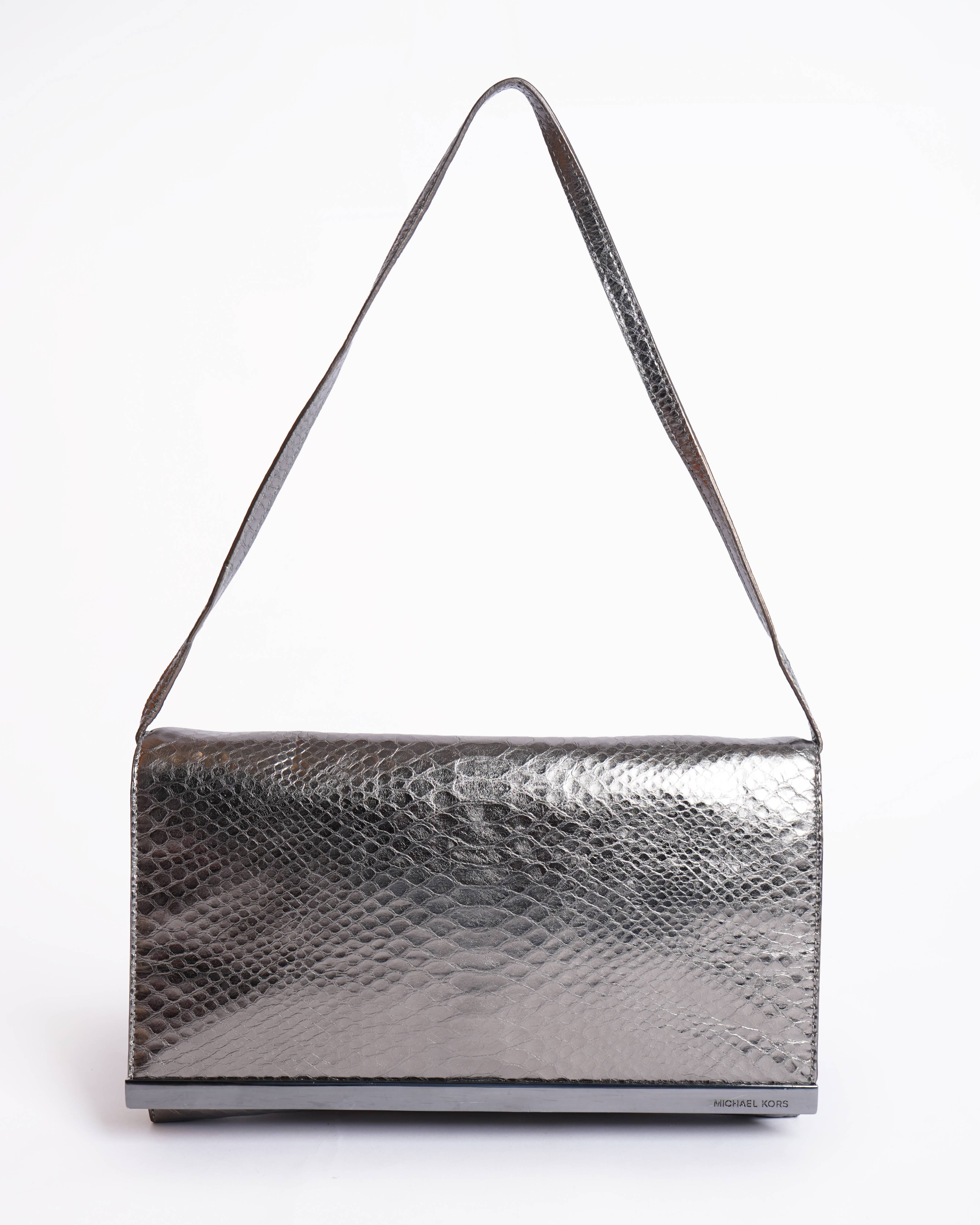 Michael Kors Tilda Leather Clutch Snakeskin Embossed Gunmetal Silver
