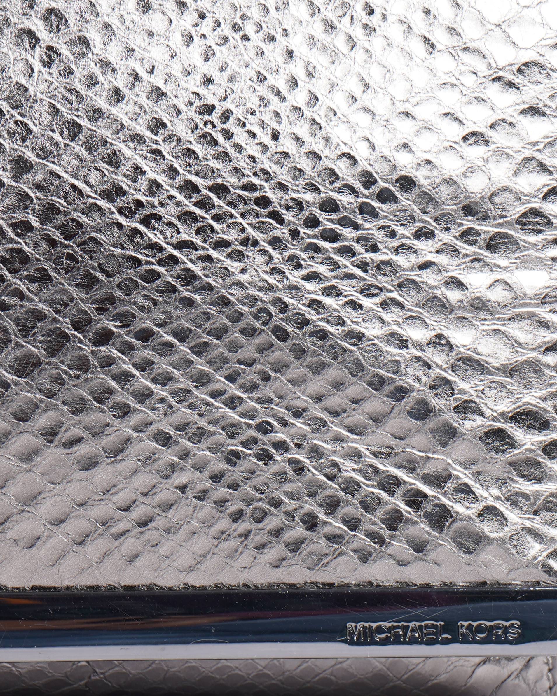 Michael Kors Tilda Leather Clutch Snakeskin Embossed Gunmetal Silver