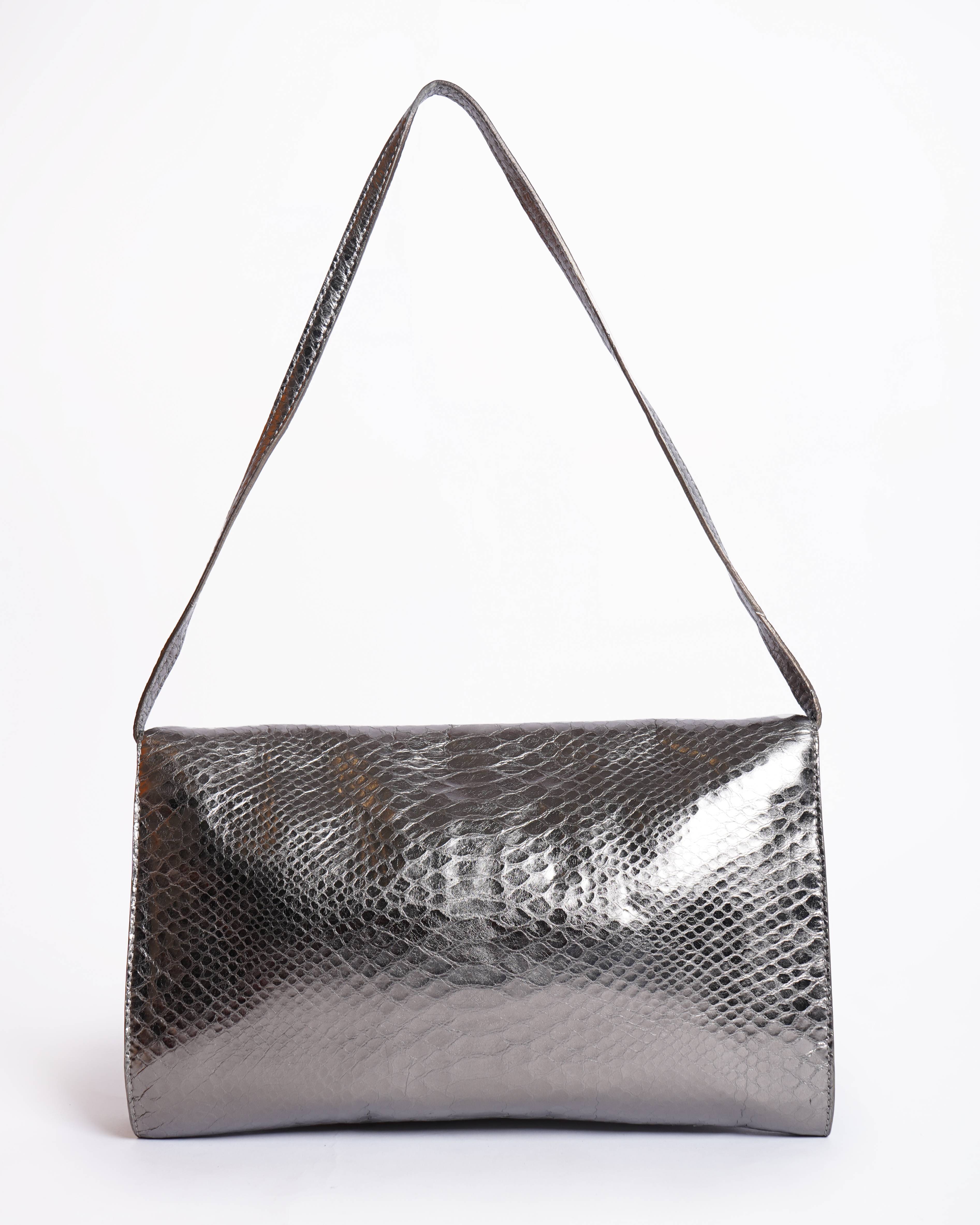 Michael Kors Tilda Leather Clutch Snakeskin Embossed Gunmetal Silver