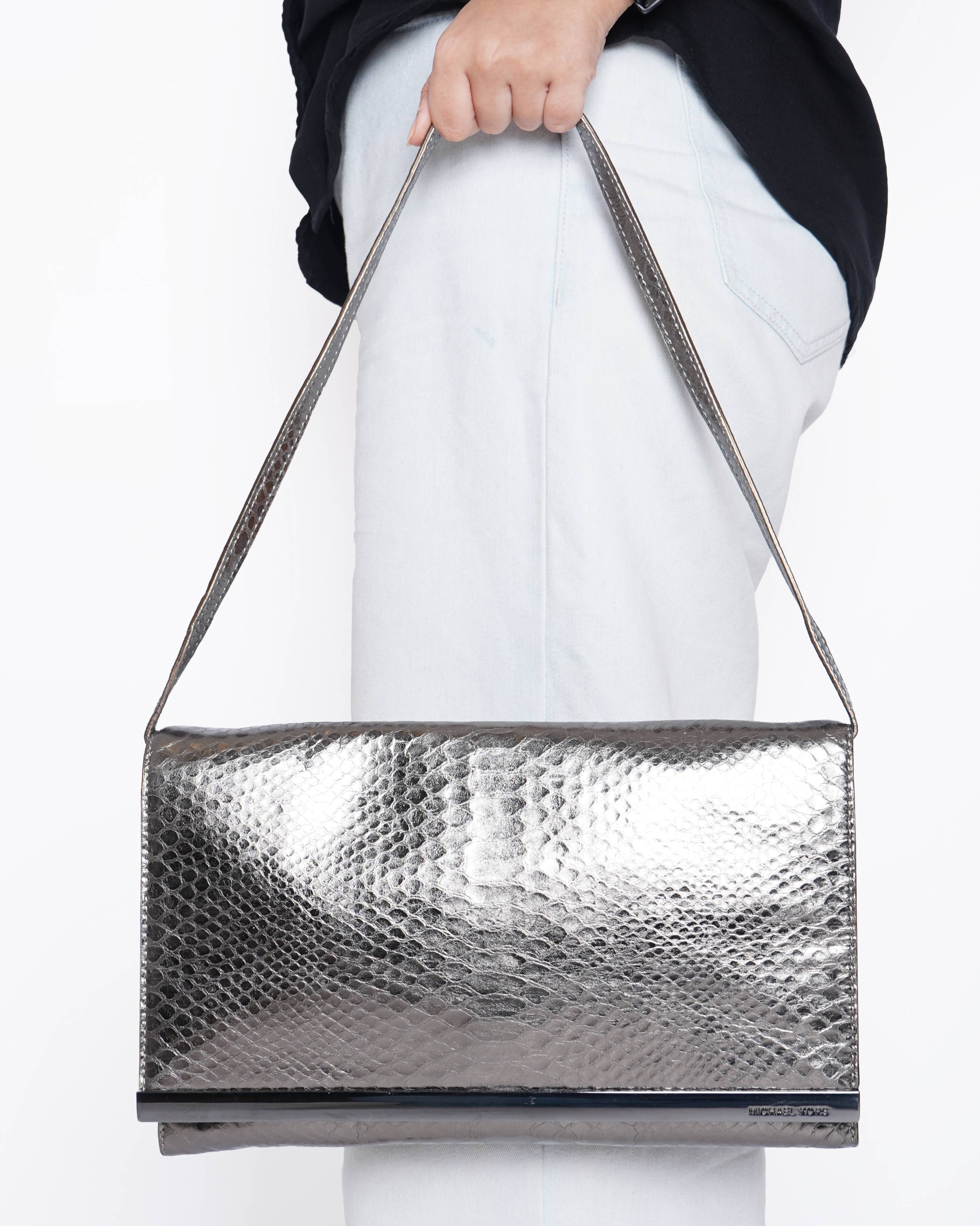 Michael Kors Tilda Leather Clutch Snakeskin Embossed Gunmetal Silver