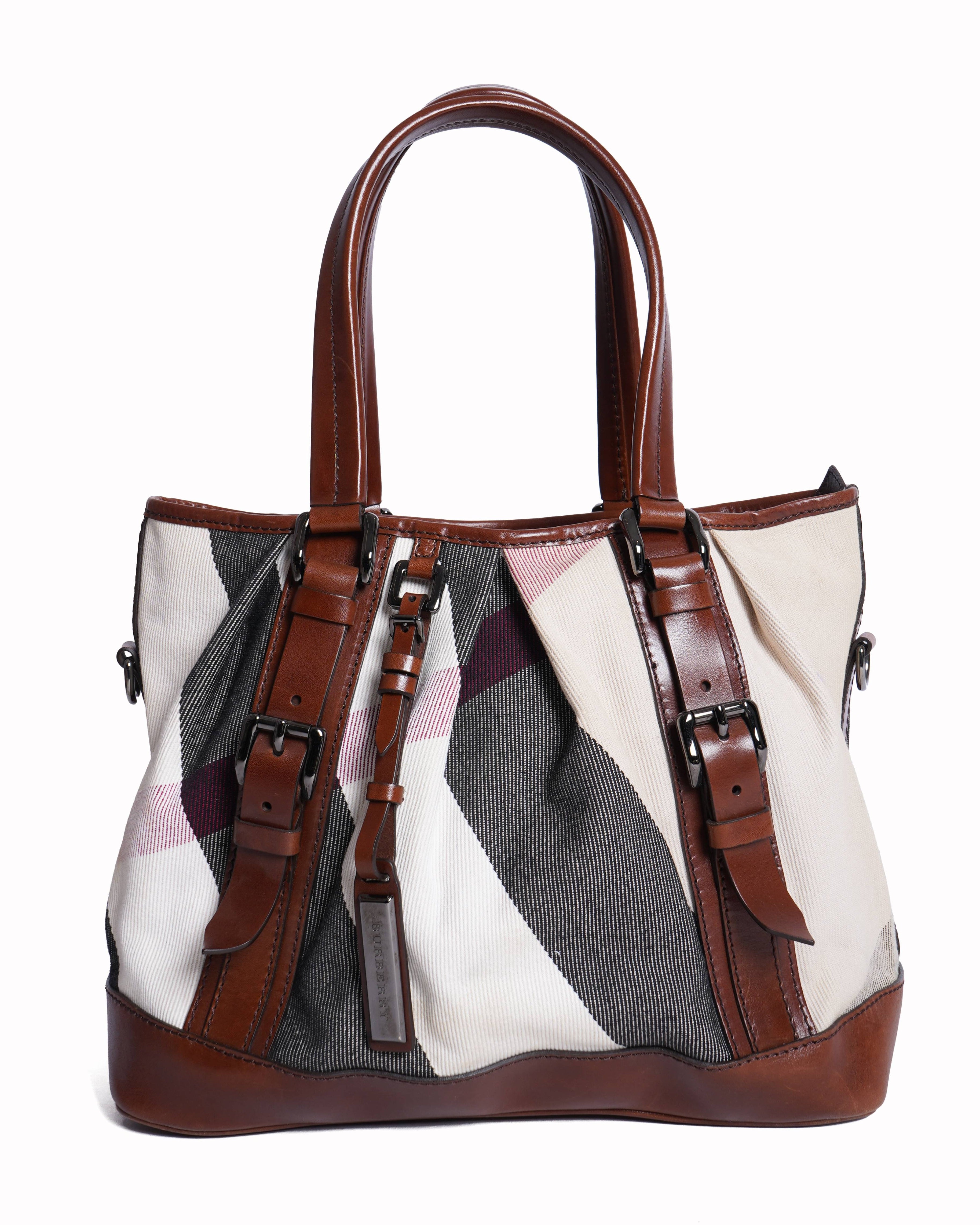 Burberry brown mega check canvas and leather lowry tote