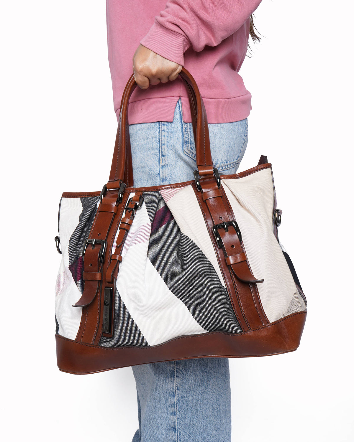 Burberry brown mega check canvas and leather lowry tote