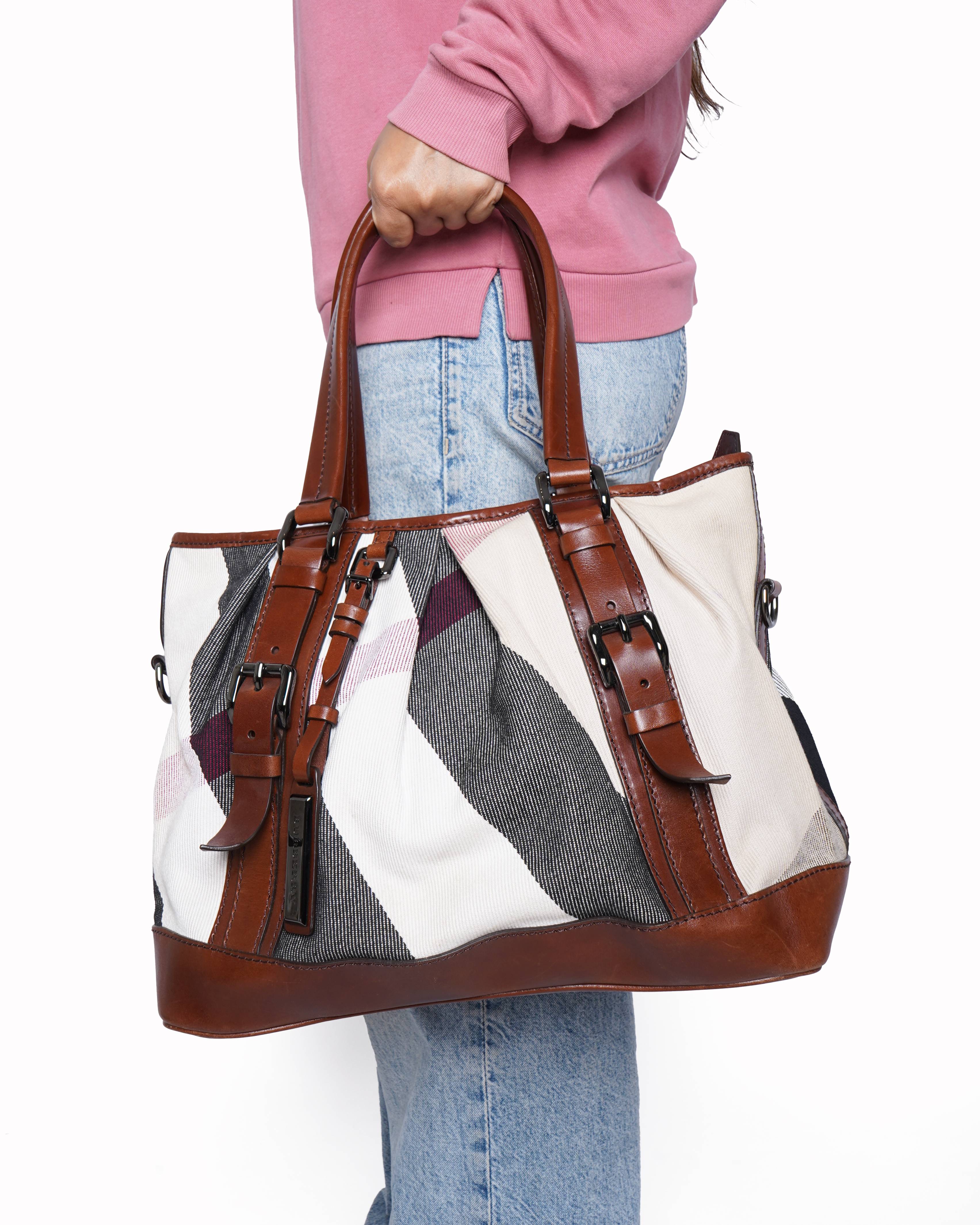 Burberry brown mega check canvas and leather lowry tote