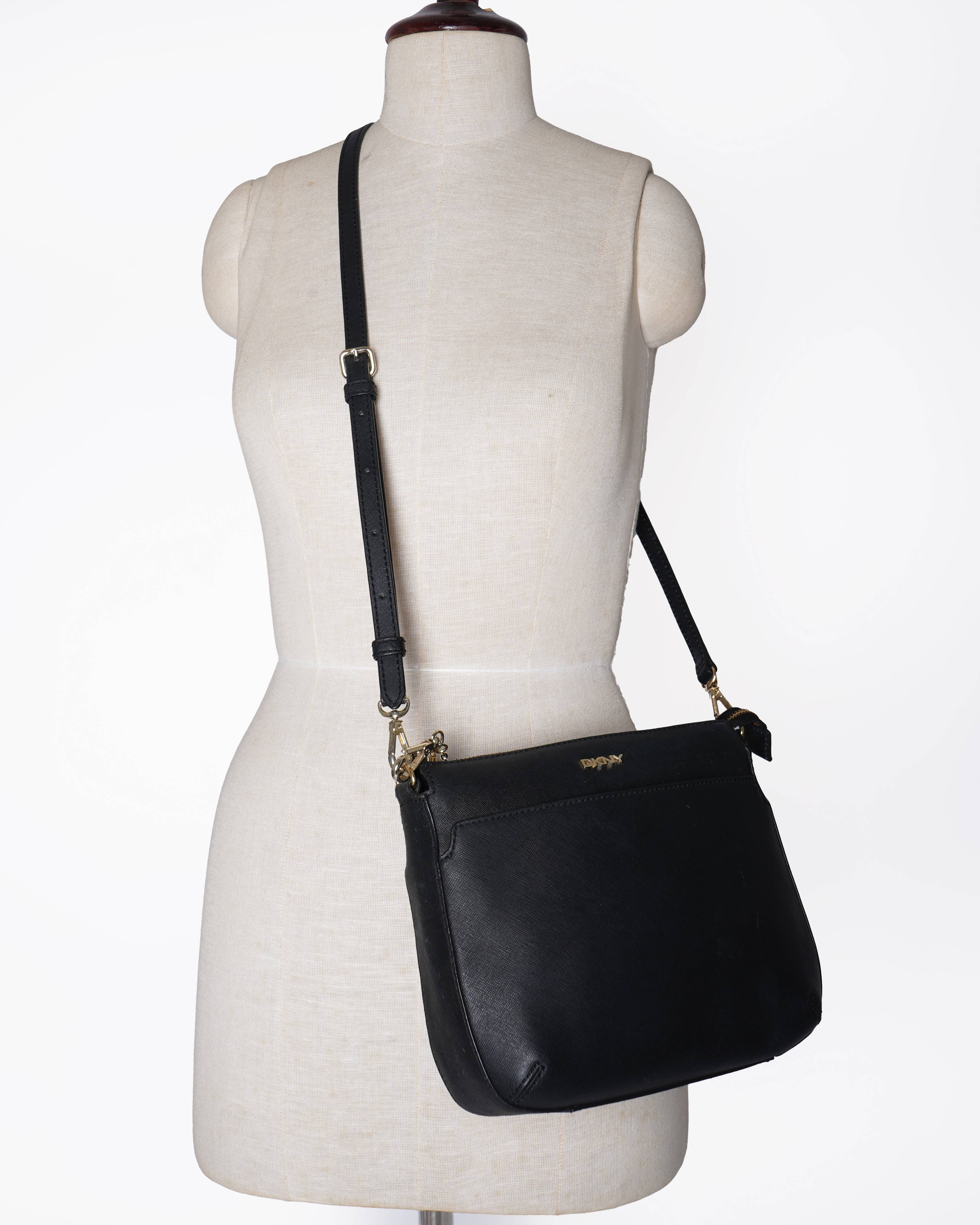 DKNY Black Leather Top Zip Crossbody Bag