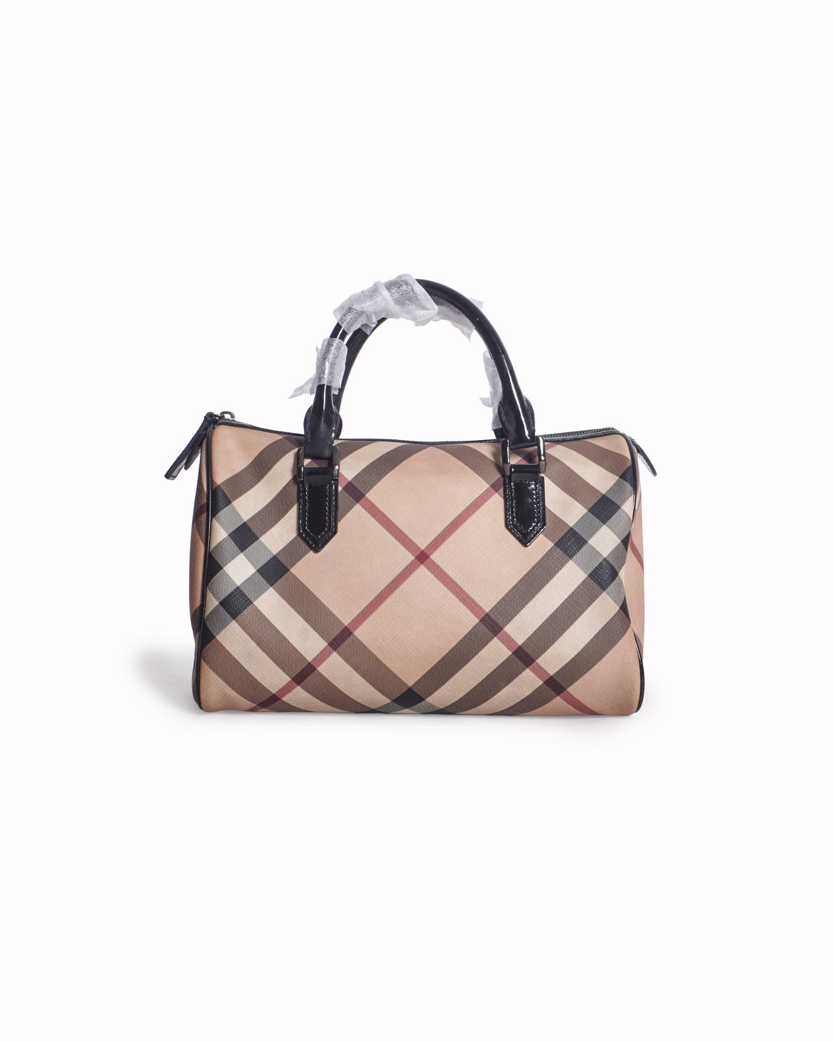 Burberry Black Patent Trim Nova Check Coated Canvas Boston Bag