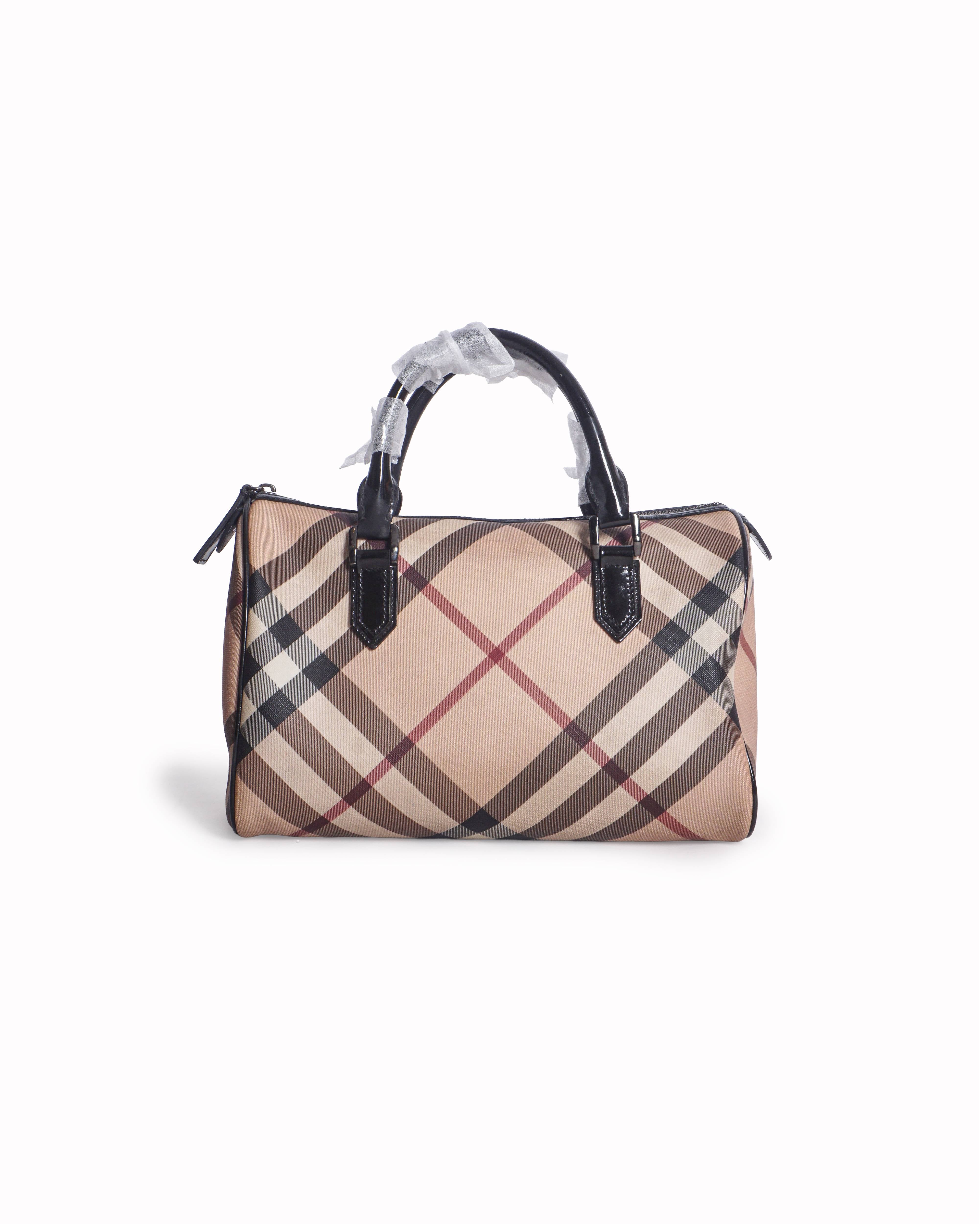 Burberry Black Patent Trim Nova Check Coated Canvas Boston Bag