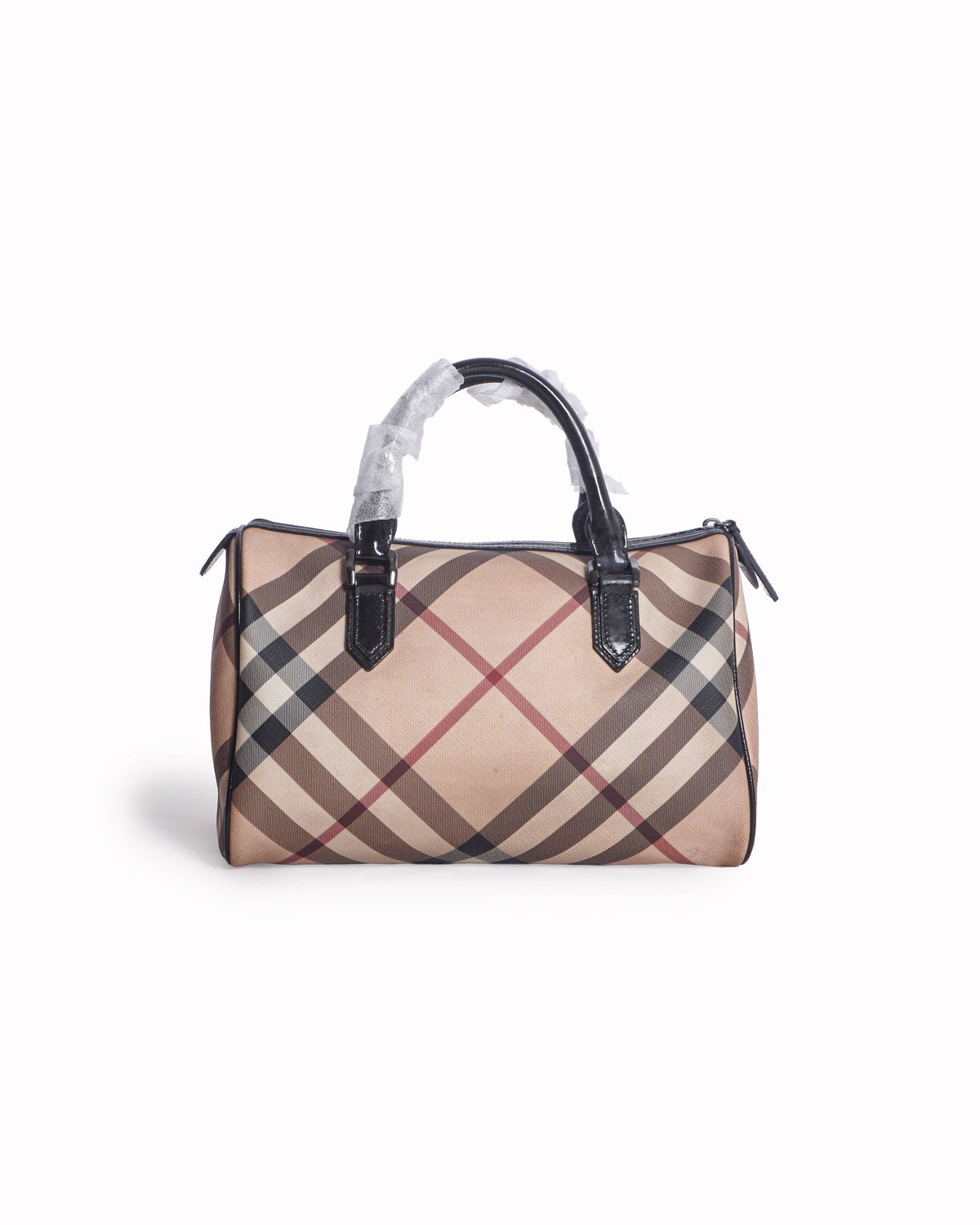 Burberry Black Patent Trim Nova Check Coated Canvas Boston Bag