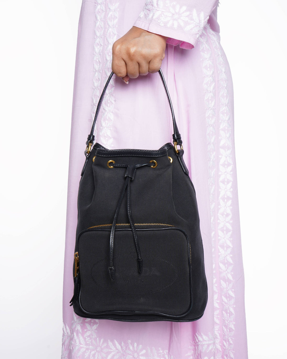 Prada black logo jacquard canvas and leather trim bucket bag