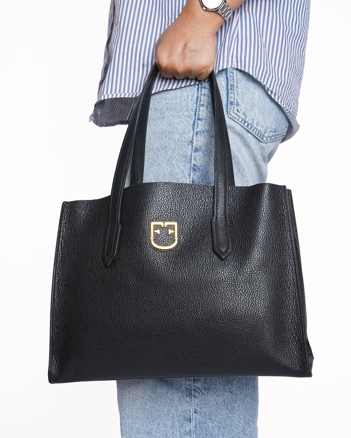 Furla black leather tote bag