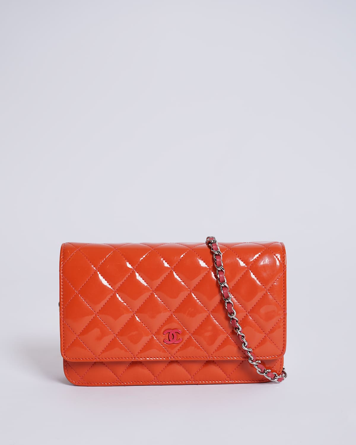 Chanel Orange Quilted Patent Leather CC Wallet on Chain