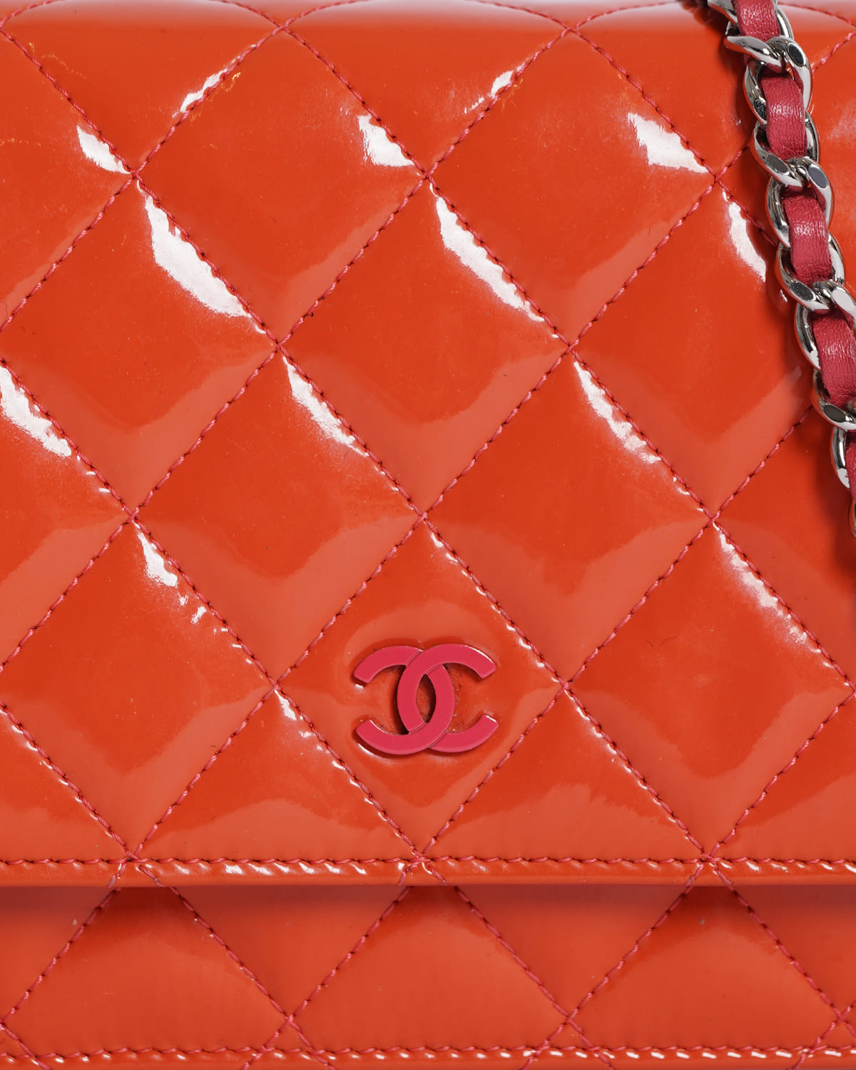 Chanel Orange Quilted Patent Leather CC Wallet on Chain