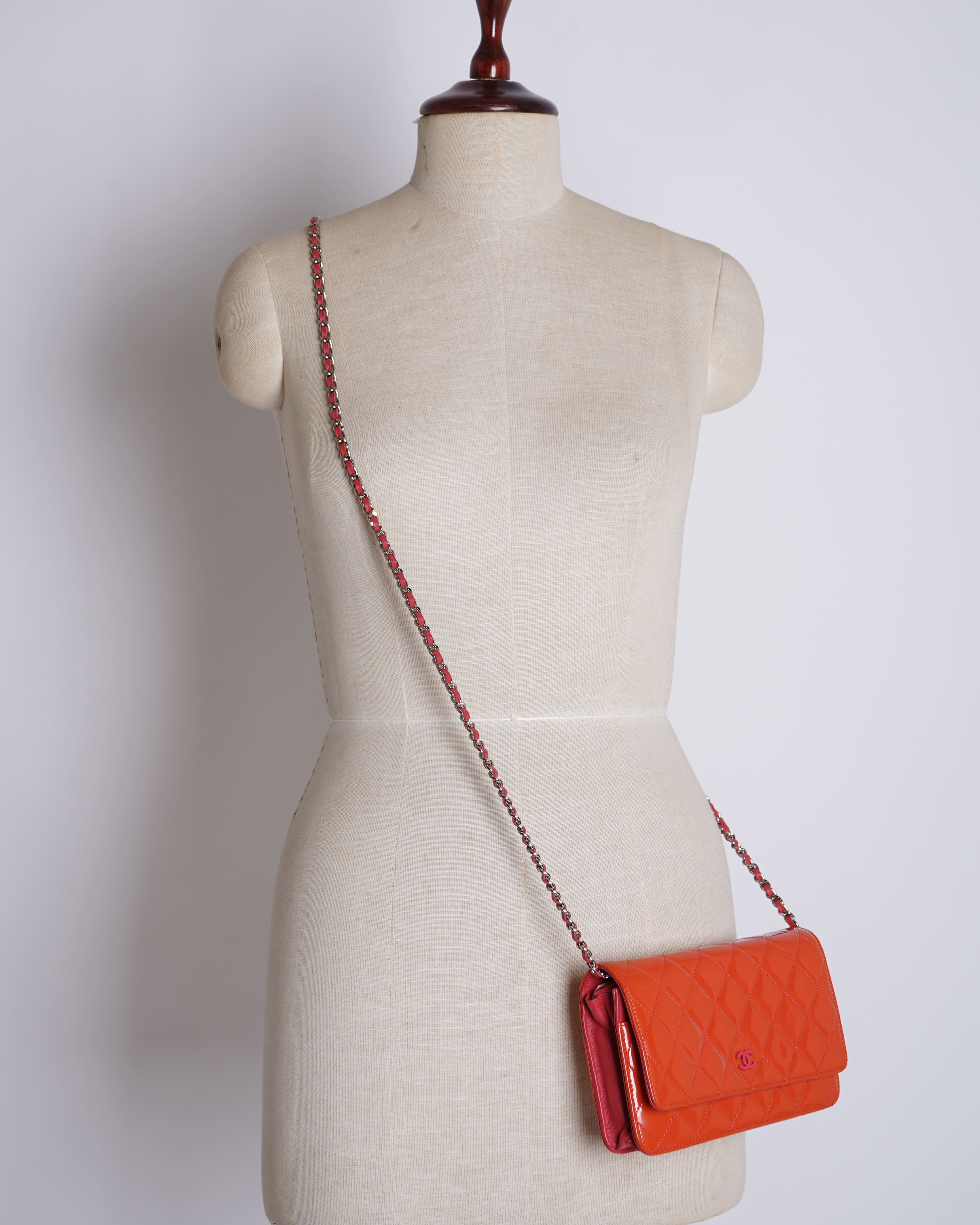 Chanel Orange Quilted Patent Leather CC Wallet on Chain