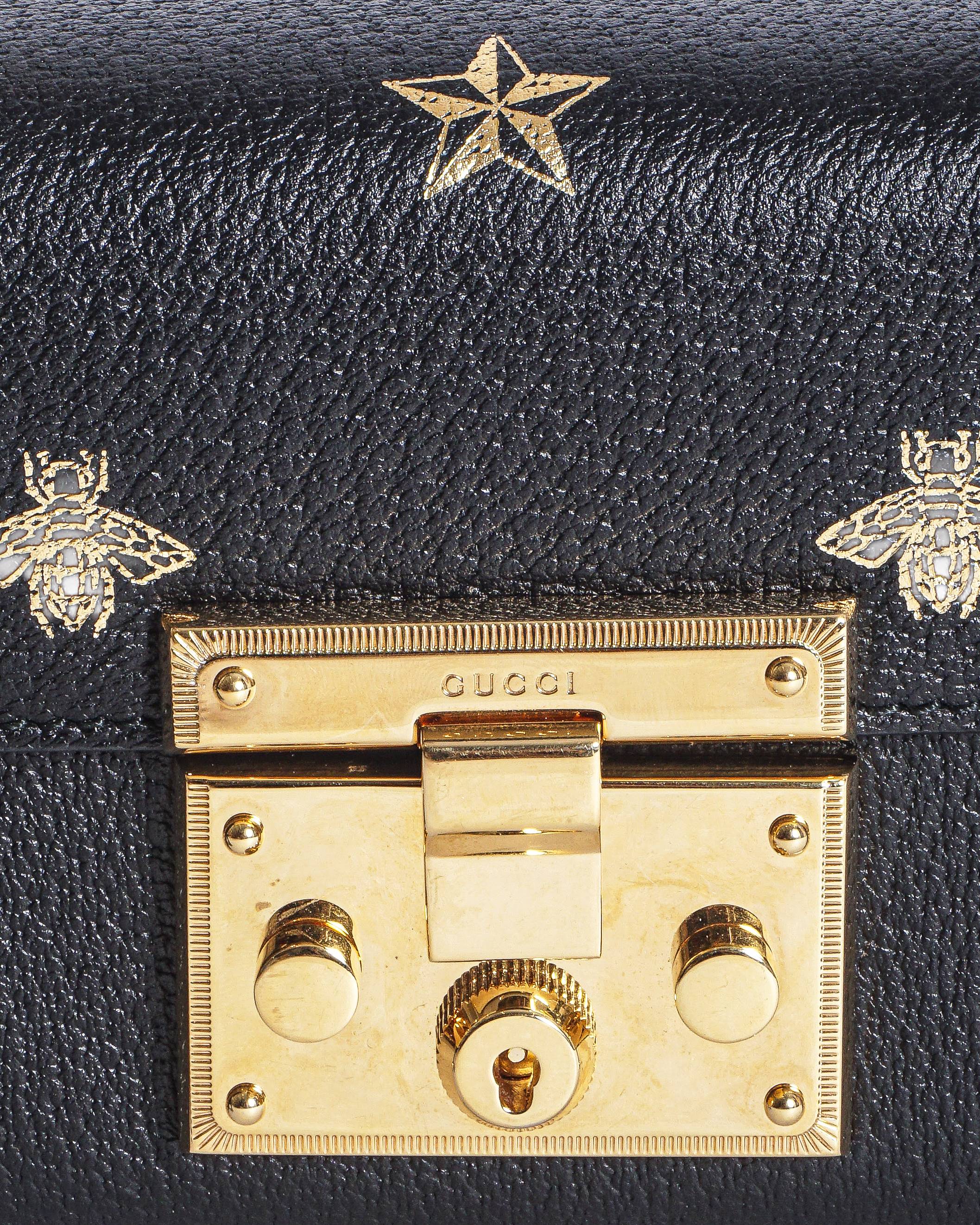 Gucci Black Gold Grained Leather Padlock Bee Star Shoulder Bag