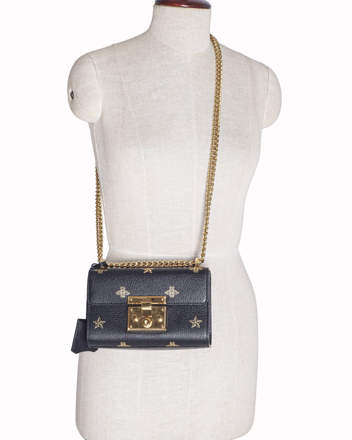 Gucci Black Gold Grained Leather Padlock Bee Star Shoulder Bag