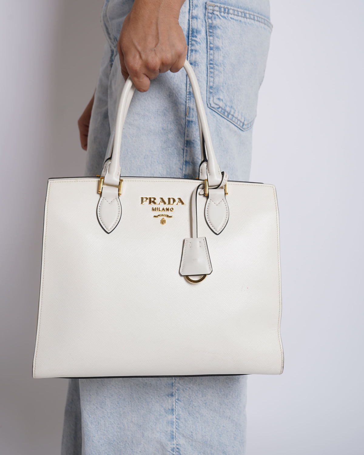 Prada White Saffiano & Soft City Leather Bag