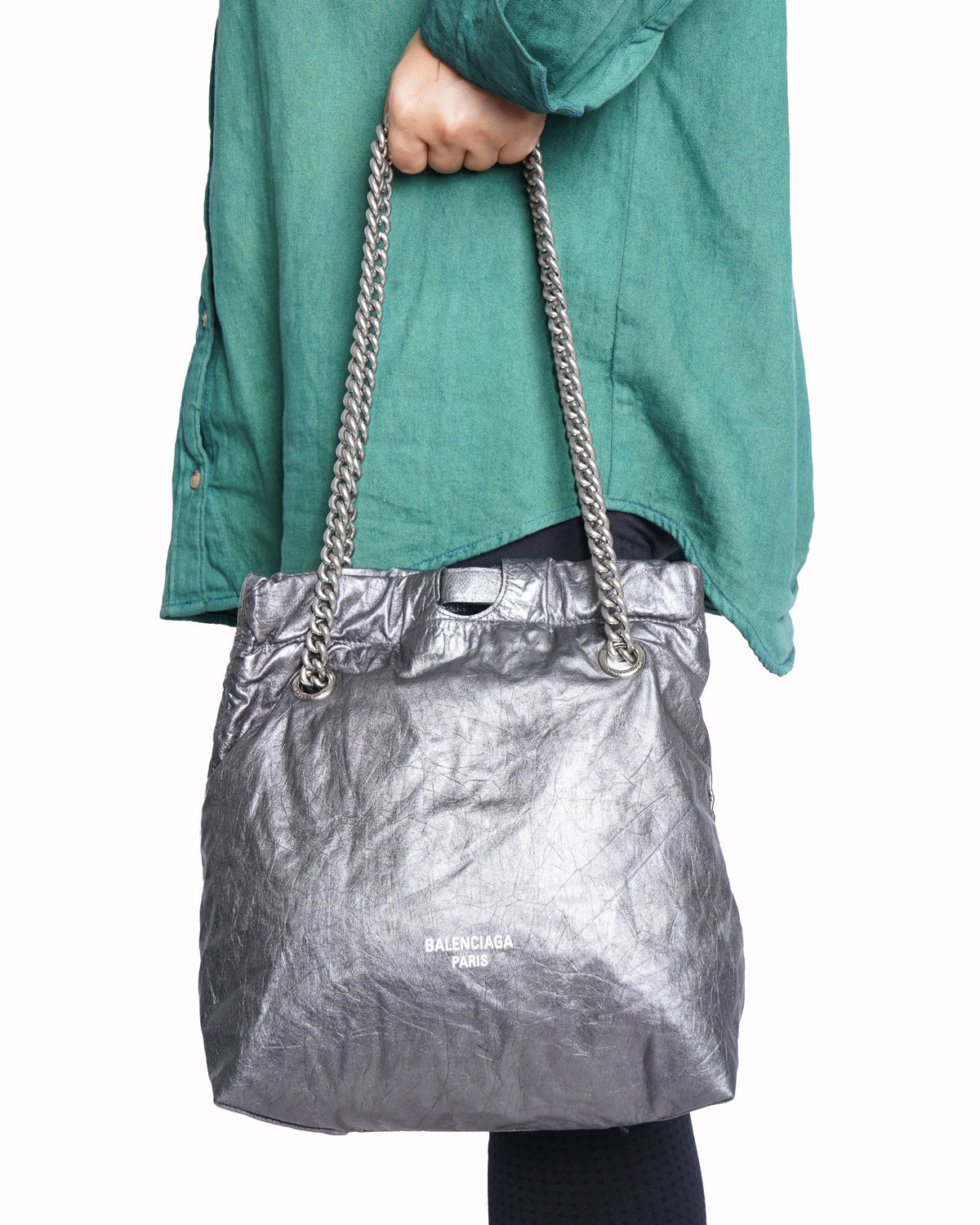 Balenciaga Crush Metallic Silver leather shoulder bag