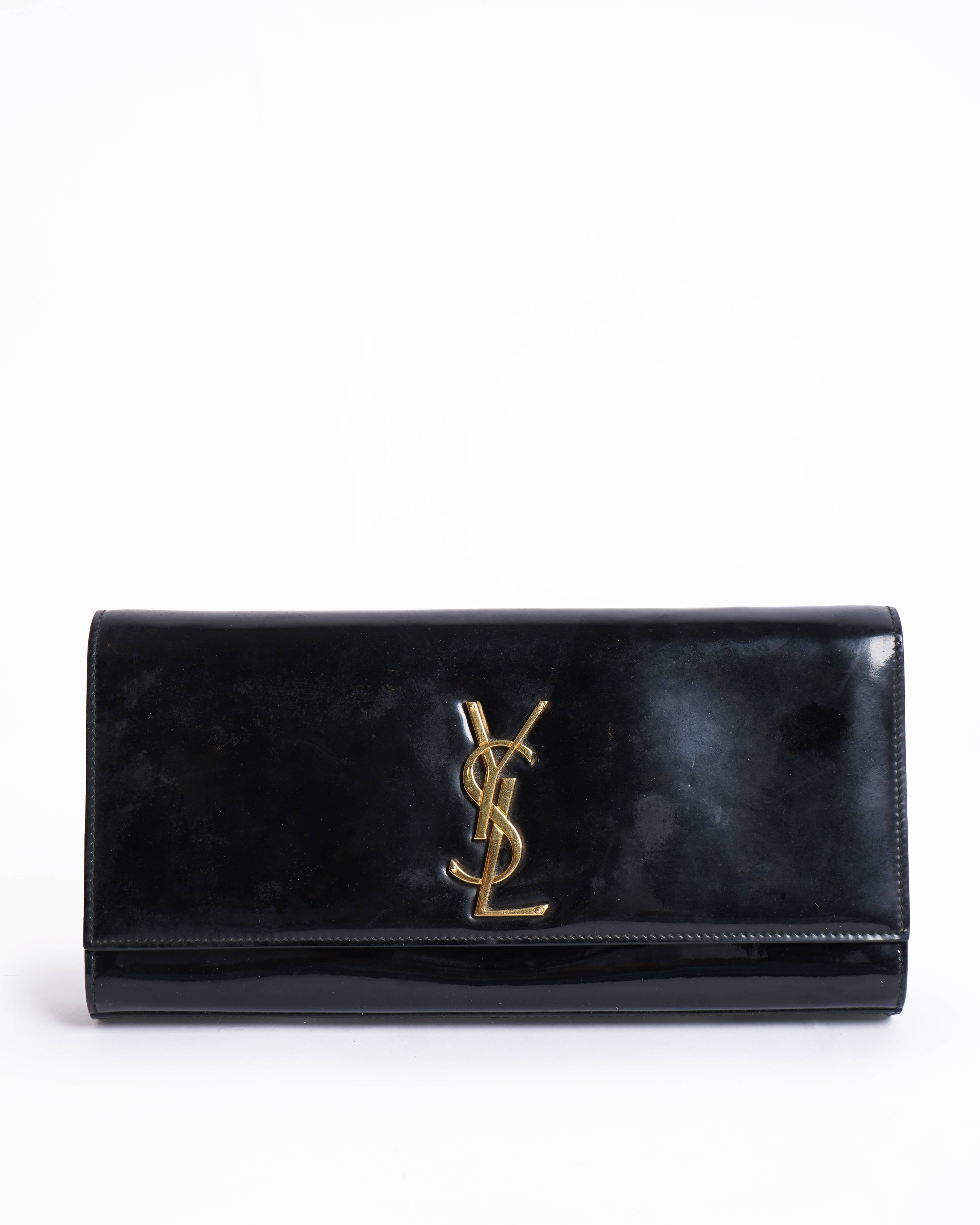 Saint Laurent Black Patent Leather Cassandre Clutch Bag