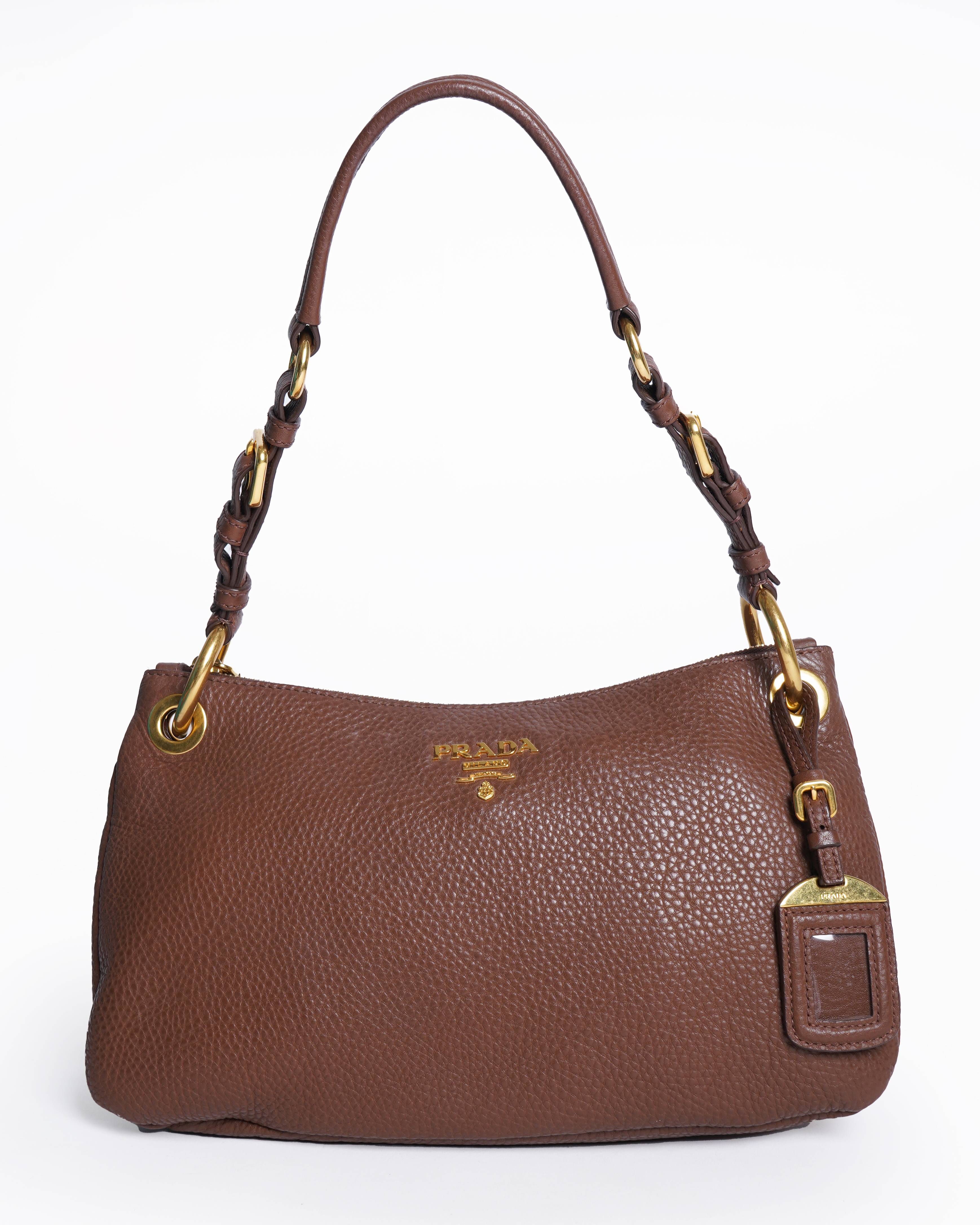Prada Vitello Daino Brown Pebbled Leather Small Shoulder Bag