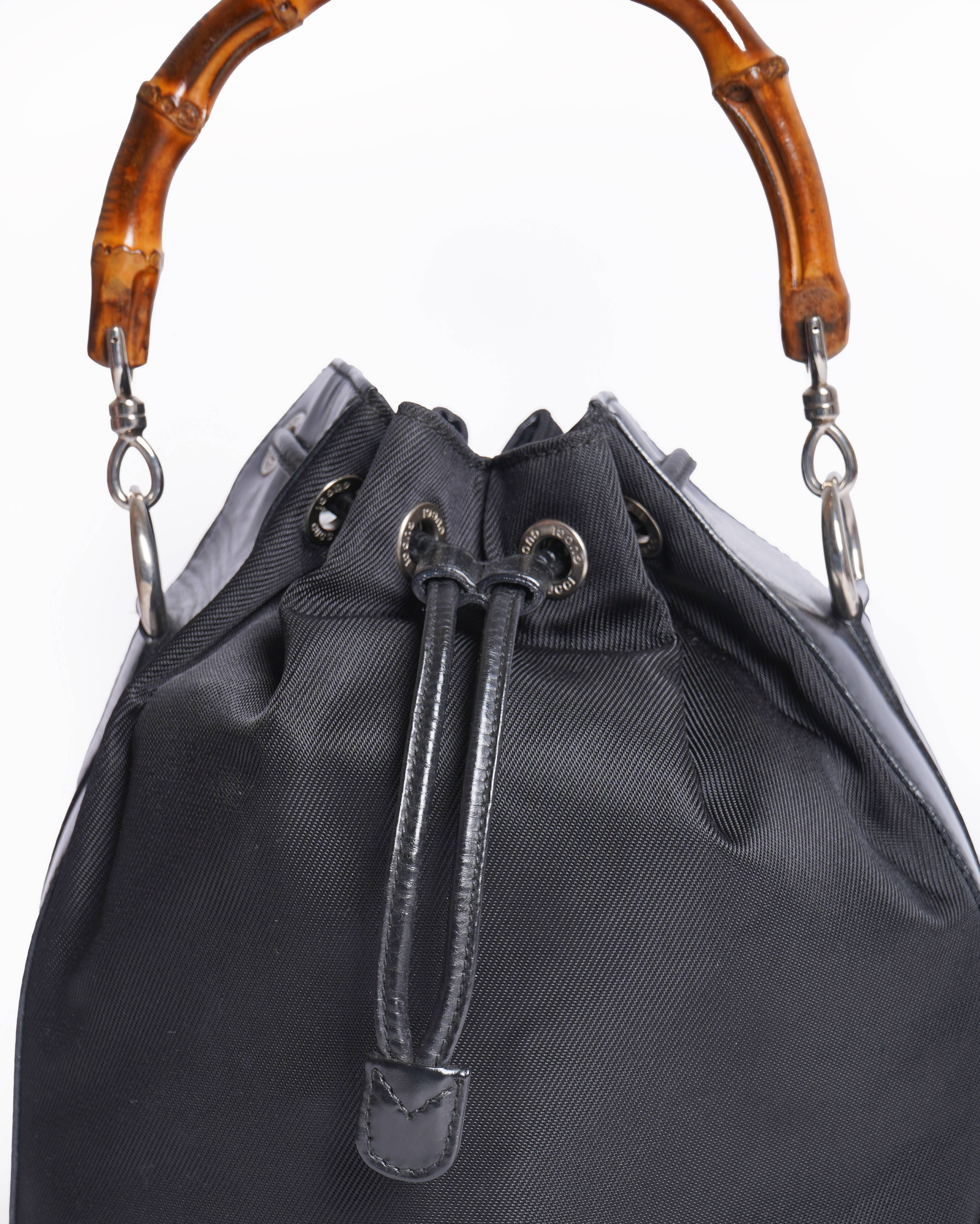 Gucci Vintage Nylon Patent Leather Bamboo Bucket Bag