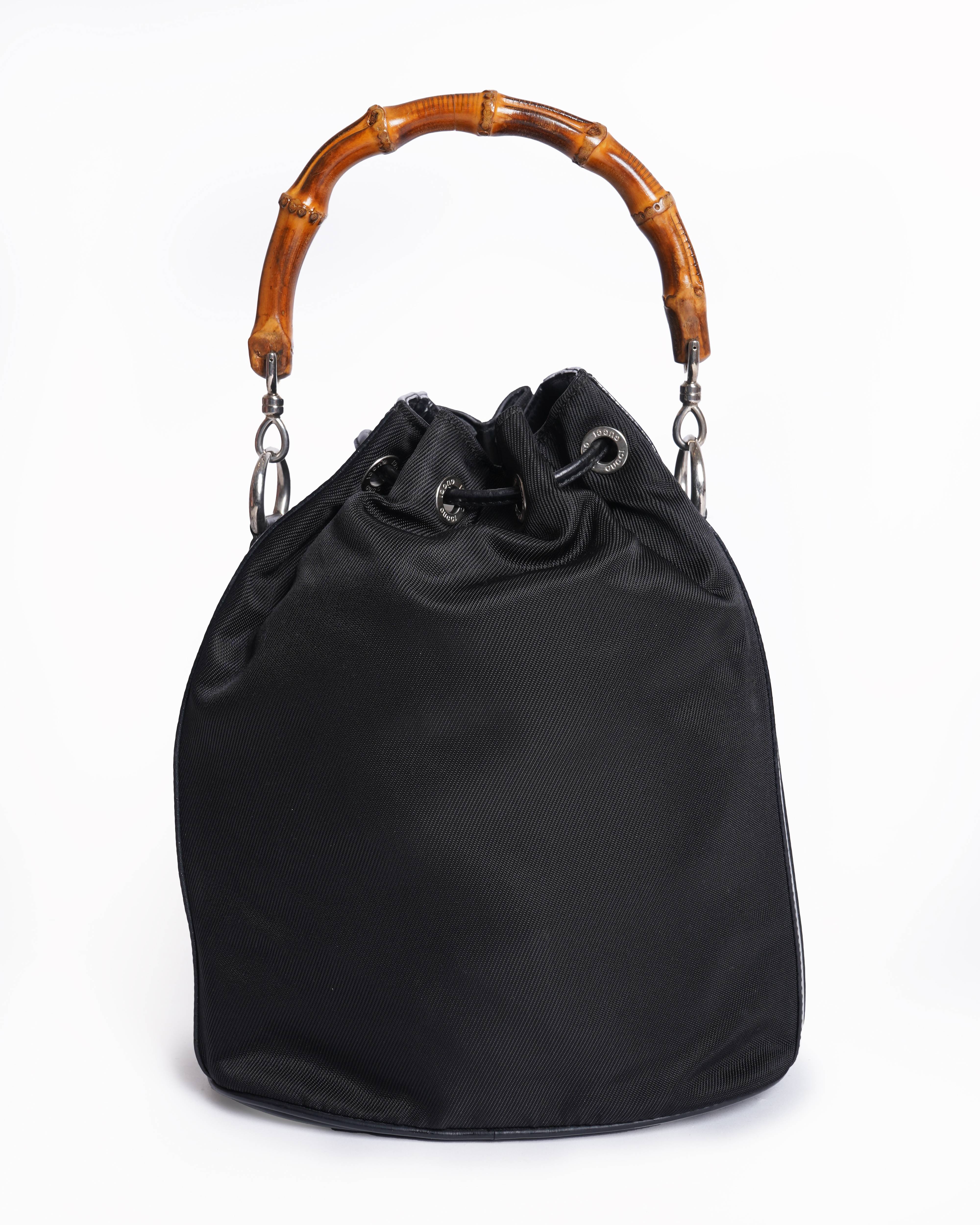 Gucci Vintage Nylon Patent Leather Bamboo Bucket Bag