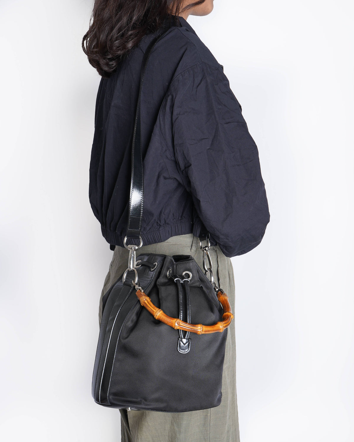 Gucci Vintage Nylon Patent Leather Bamboo Bucket Bag