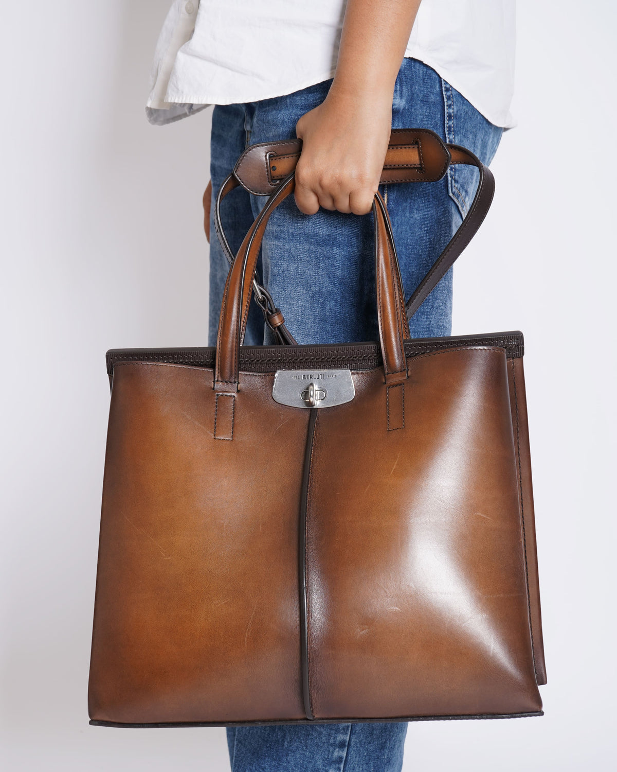 Berluti Luti 38 Leather Tote Bag In CaCao Intenso Shade