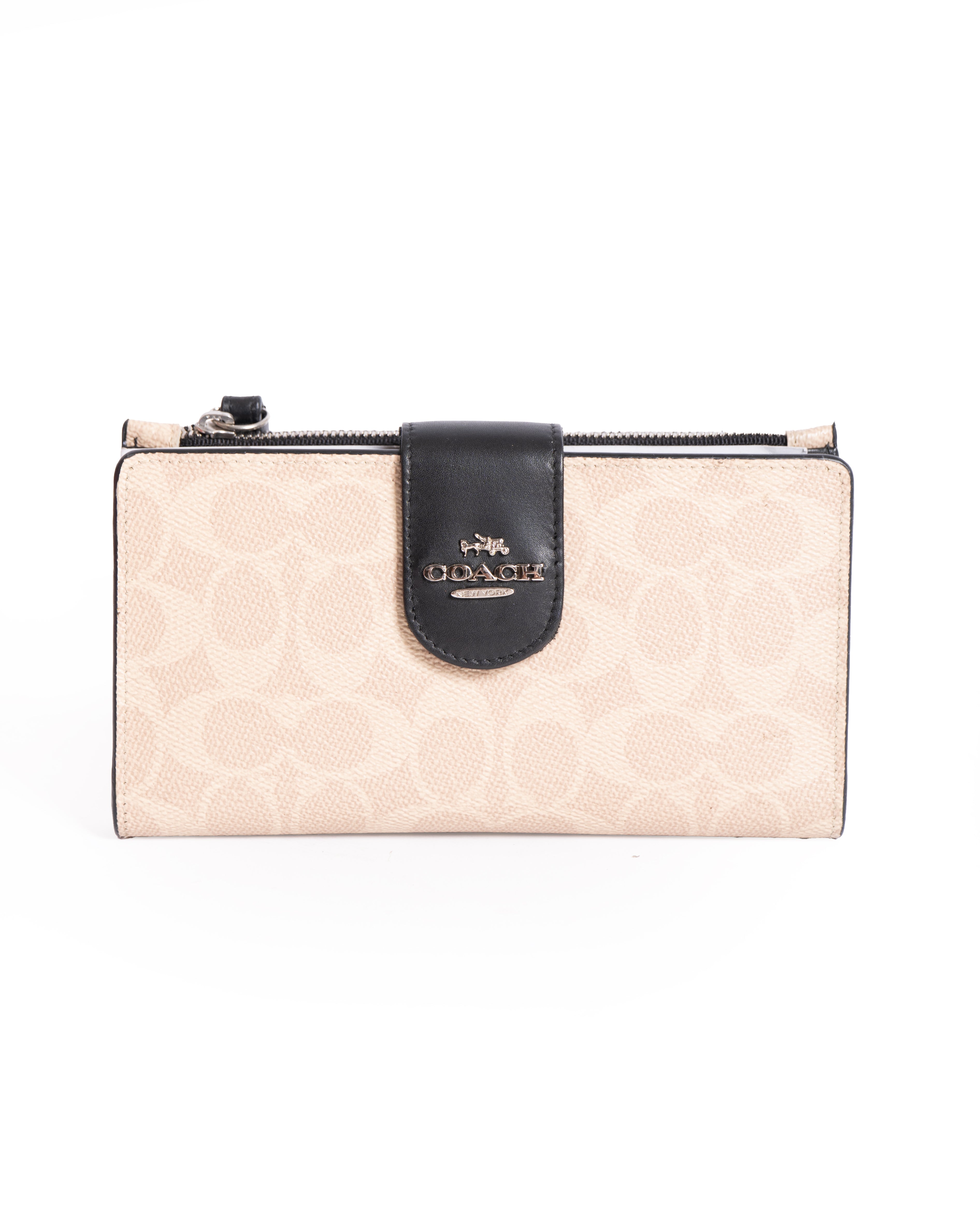 Coach Signature Canvas Corner Zip Wristlet with Black Leather Flap