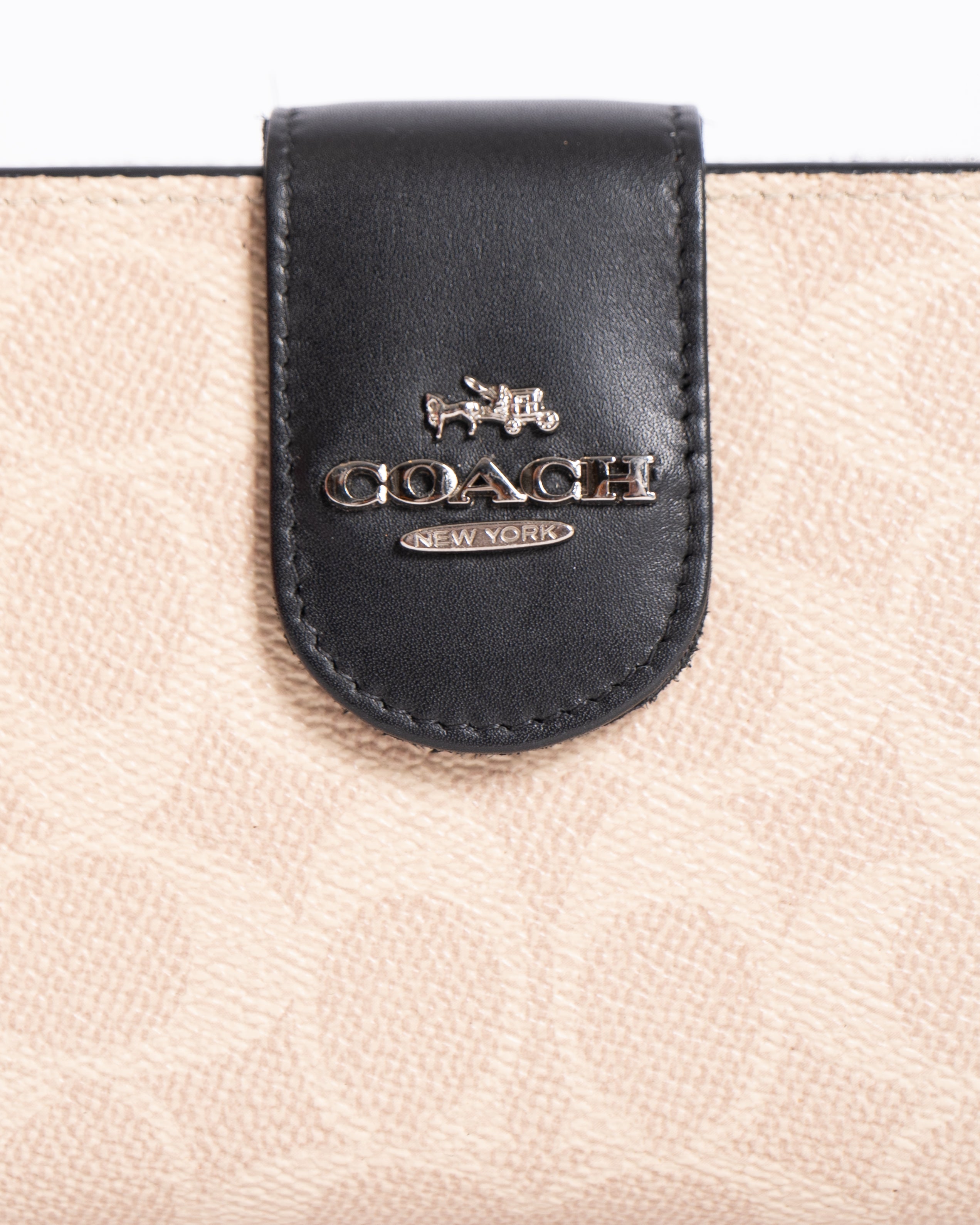 Coach Signature Canvas Corner Zip Wristlet with Black Leather Flap