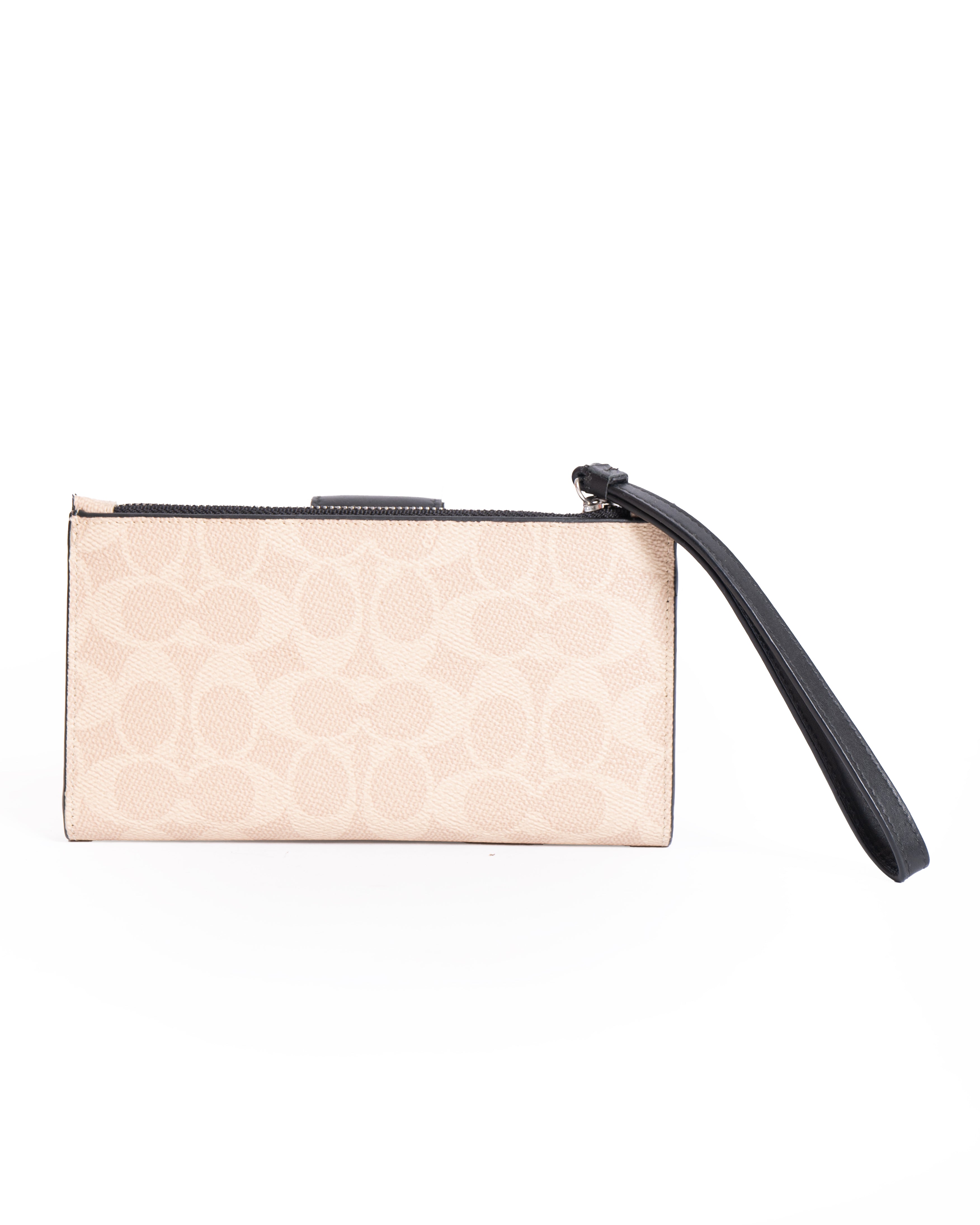 Coach Signature Canvas Corner Zip Wristlet with Black Leather Flap