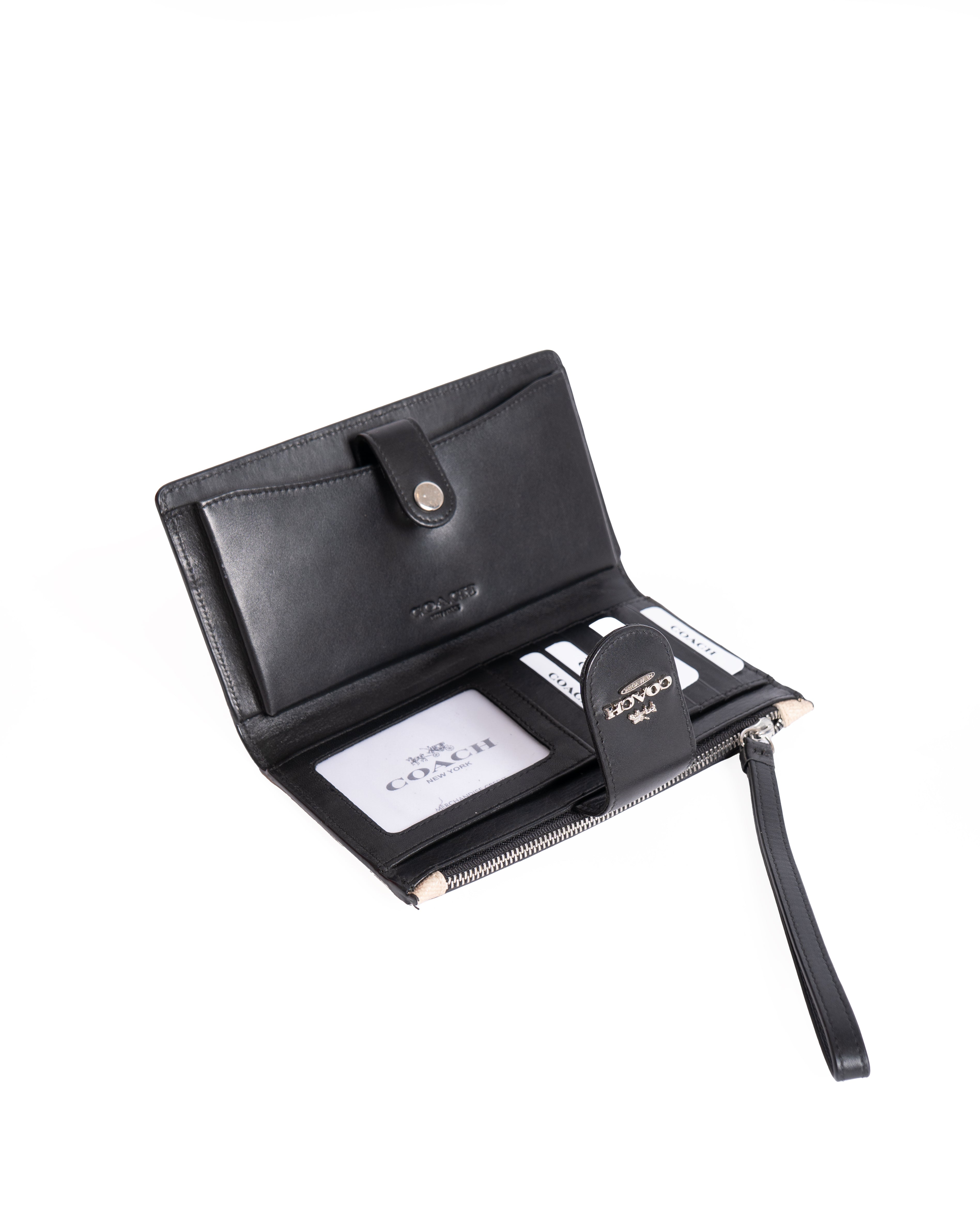 Coach Signature Canvas Corner Zip Wristlet with Black Leather Flap
