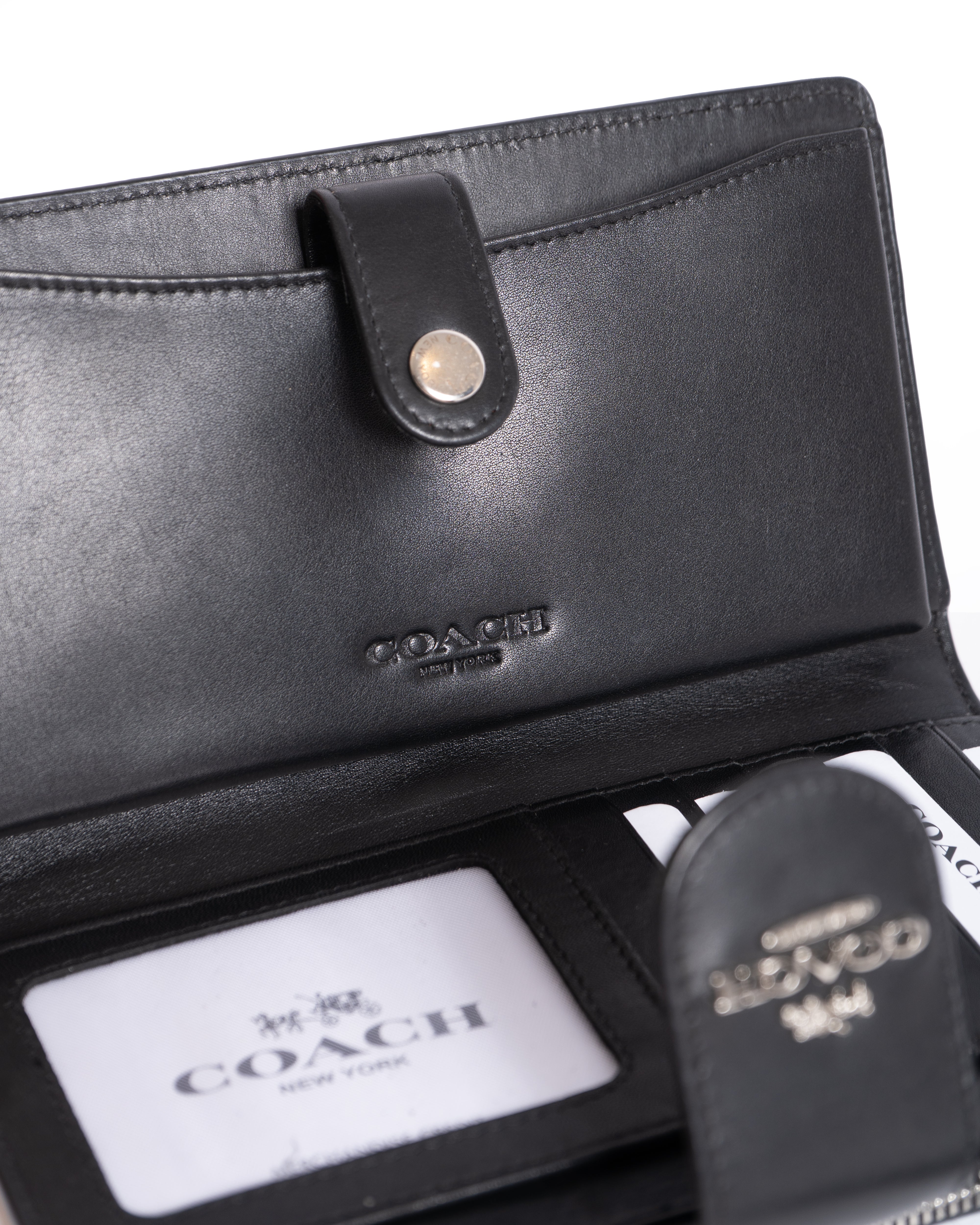 Coach Signature Canvas Corner Zip Wristlet with Black Leather Flap