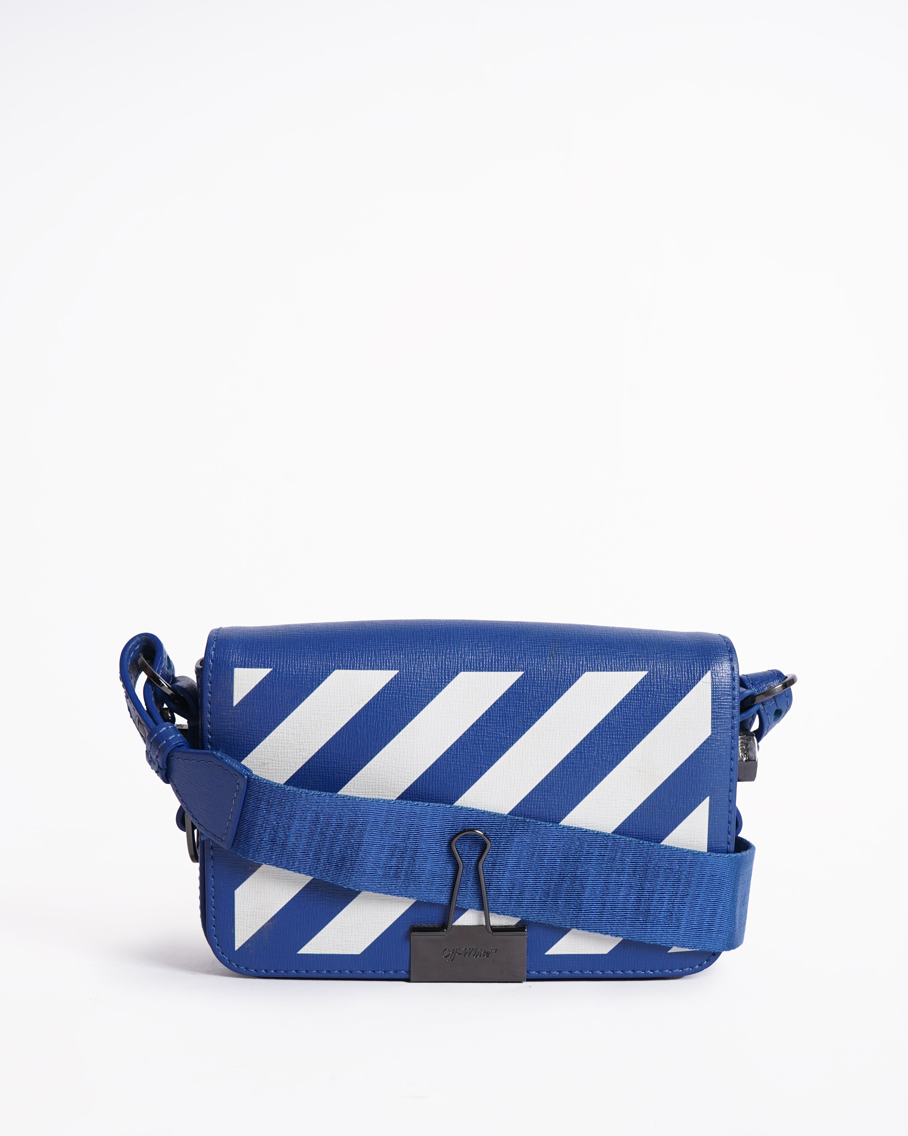Off White Blue/White Diagonal Print Leather Binder Clip Crossbody Bag
