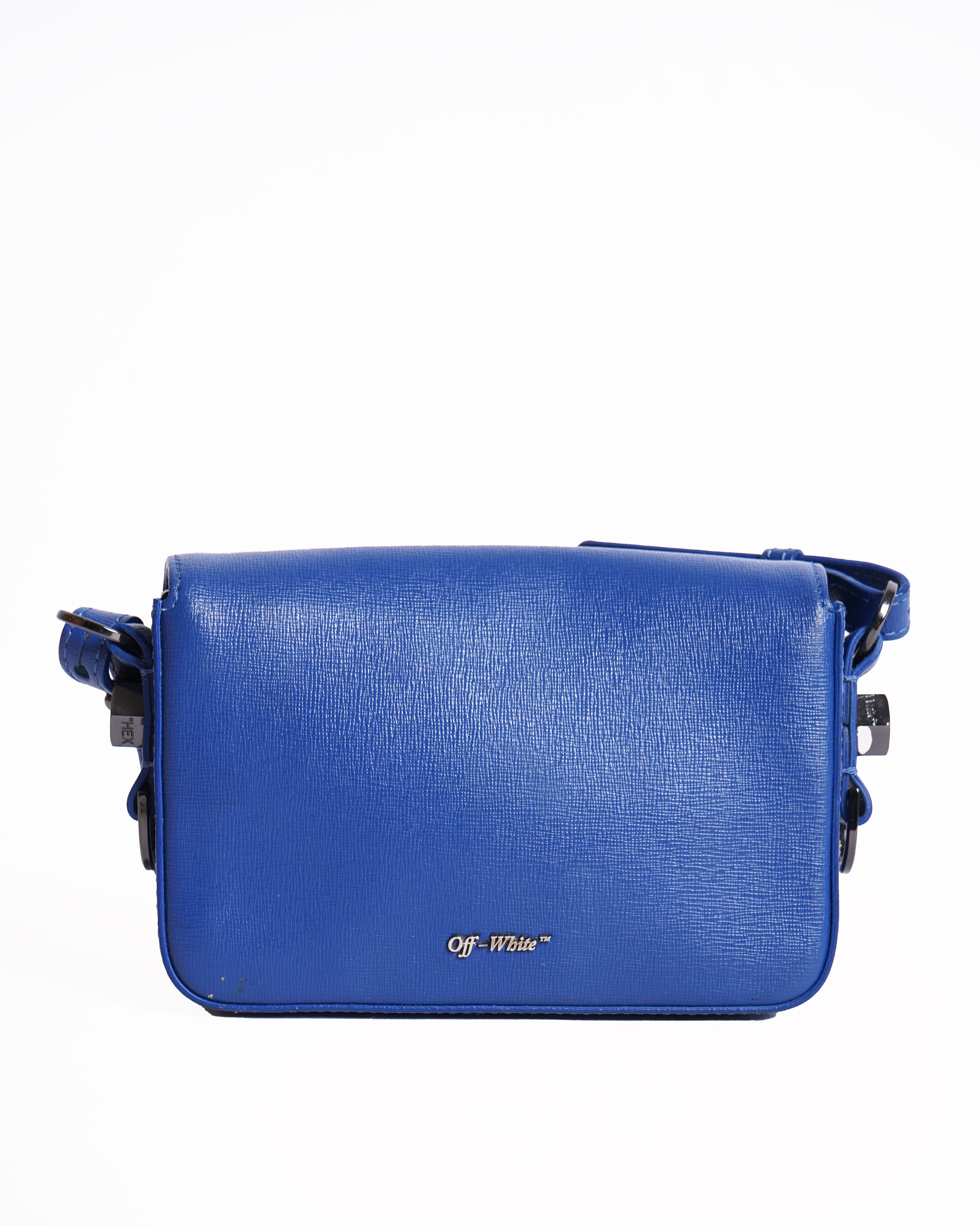 Off White Blue/White Diagonal Print Leather Binder Clip Crossbody Bag