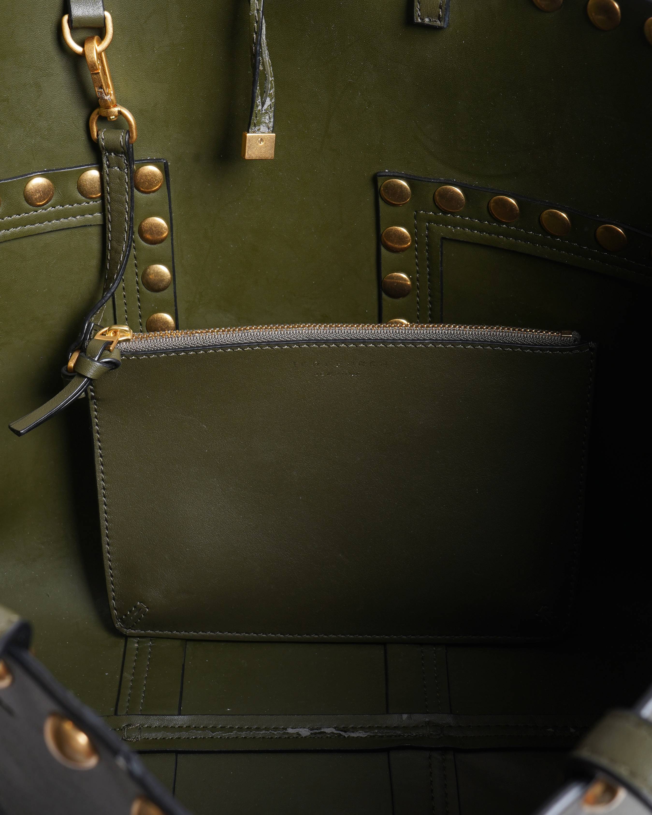 Tory Burch Olive Green Leather Mini Block-T Stud Tote