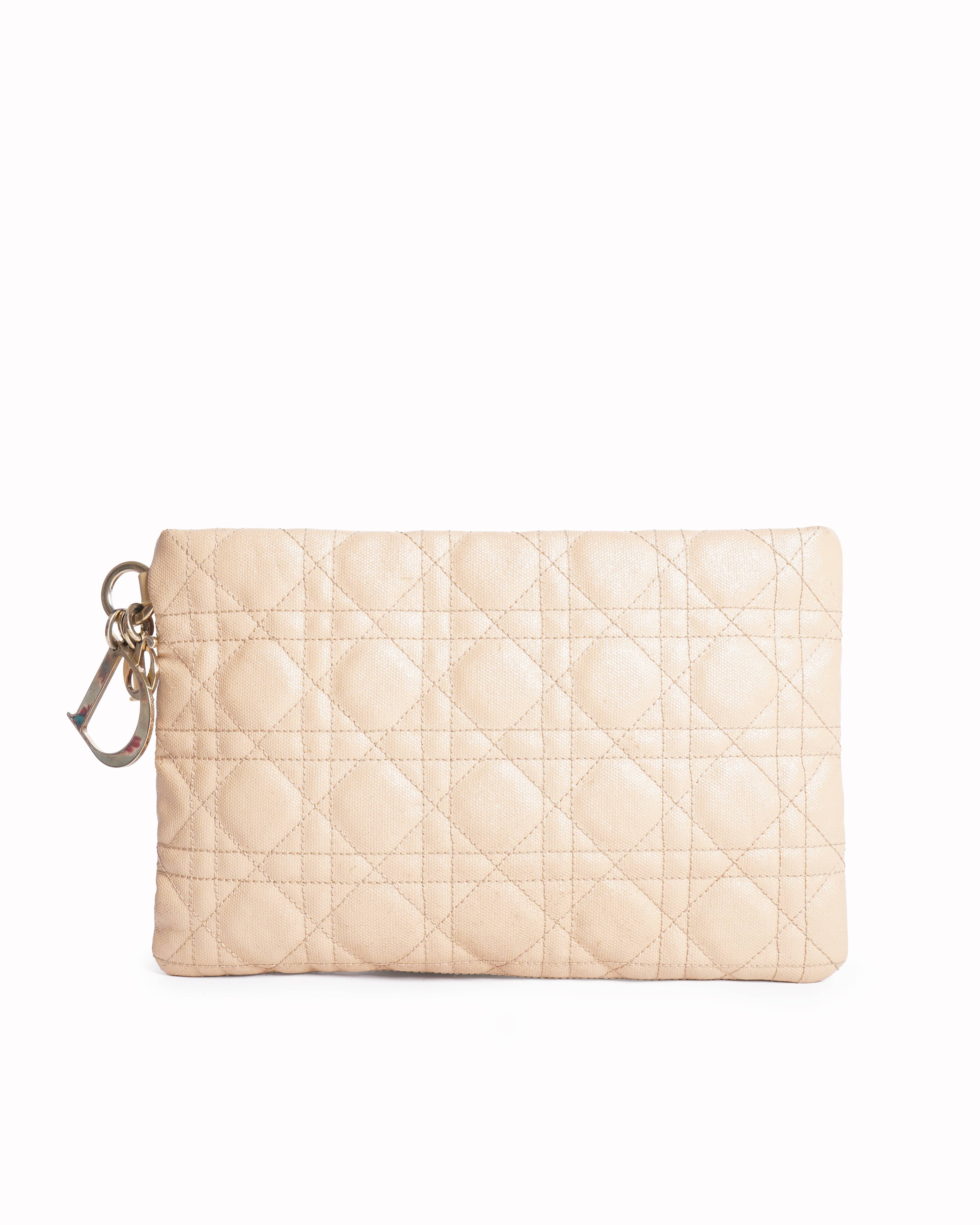 Christian Dior Beige Cannage Quilted Coated Canvas Panarea Clutch Bag