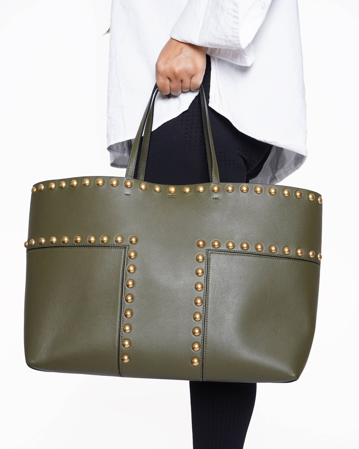 Tory Burch Olive Green Leather Mini Block-T Stud Tote