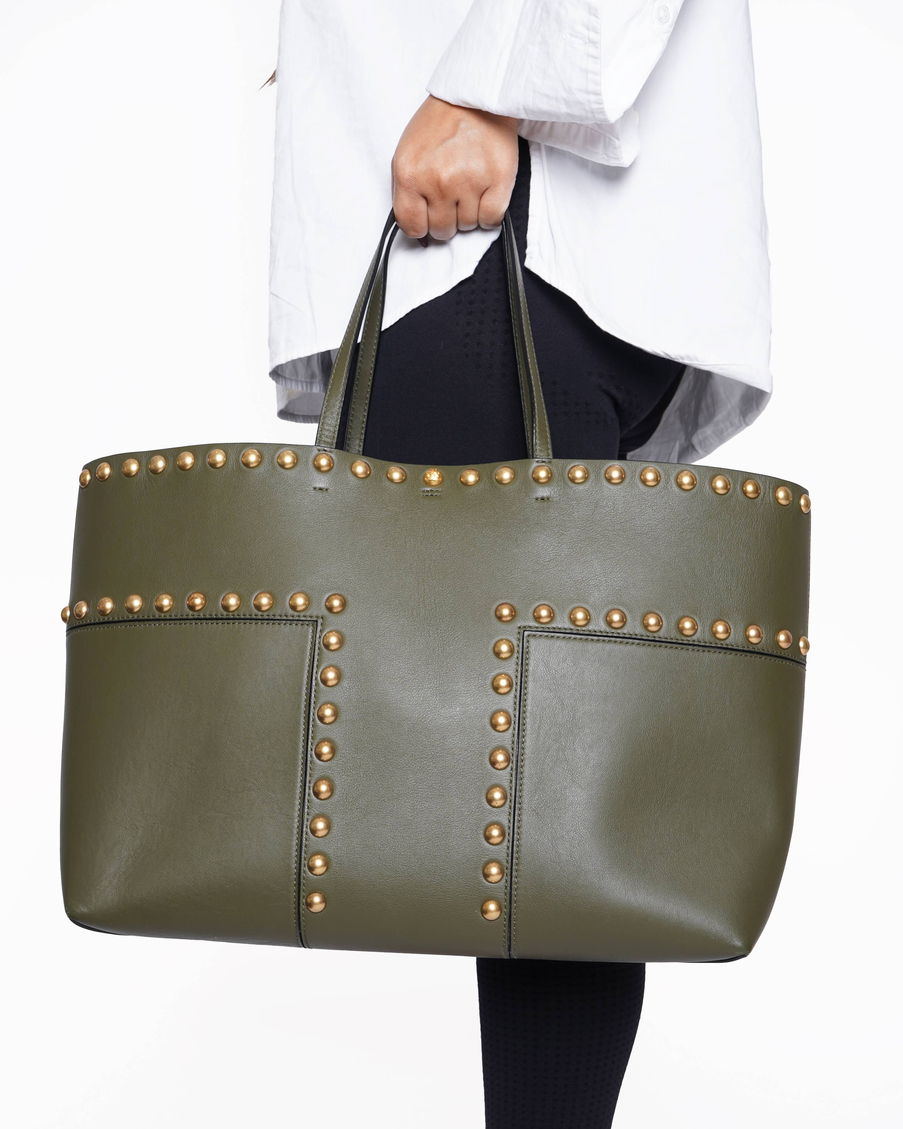 Tory Burch Olive Green Leather Mini Block-T Stud Tote