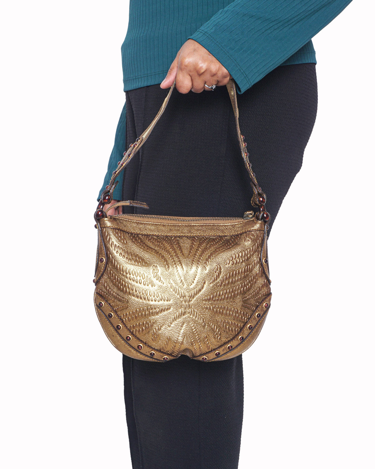 Gucci Gold Embossed Leather Studded Pelham Small Shoulder Bag