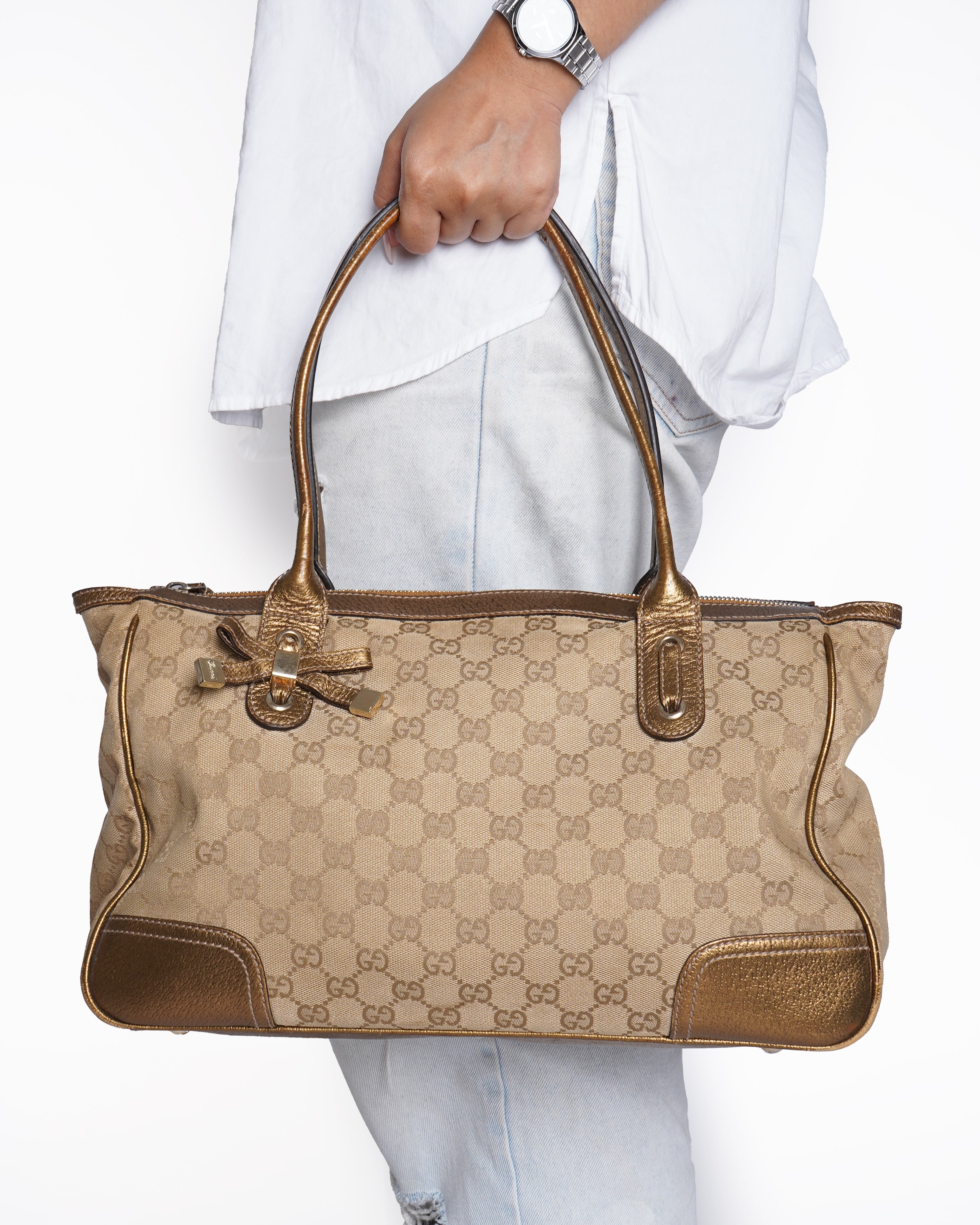 Gucci Beige/Gold GG Canvas And Leather Princy Tote