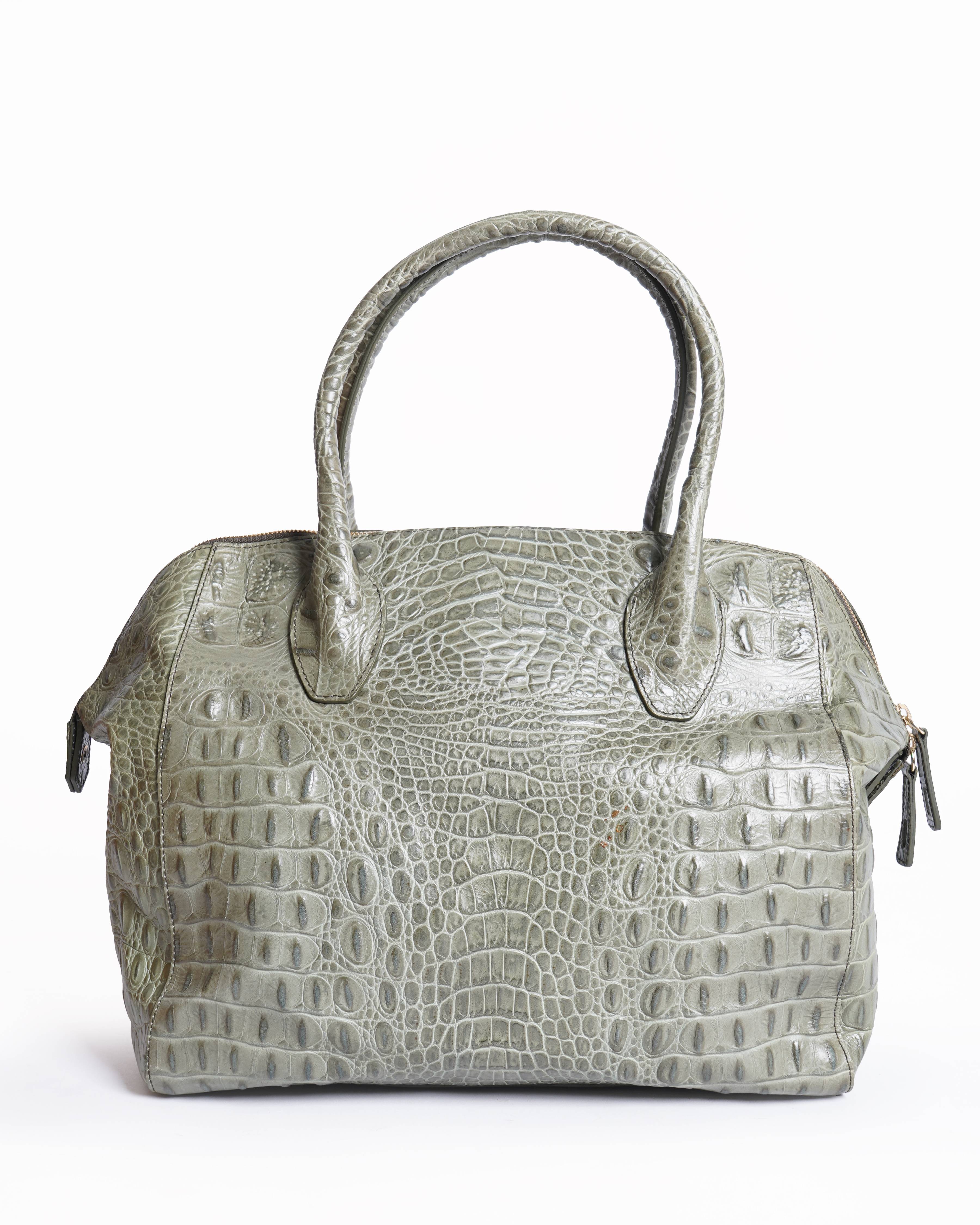 Furla Grey- Green Croc Embossed Leather Tote Bag