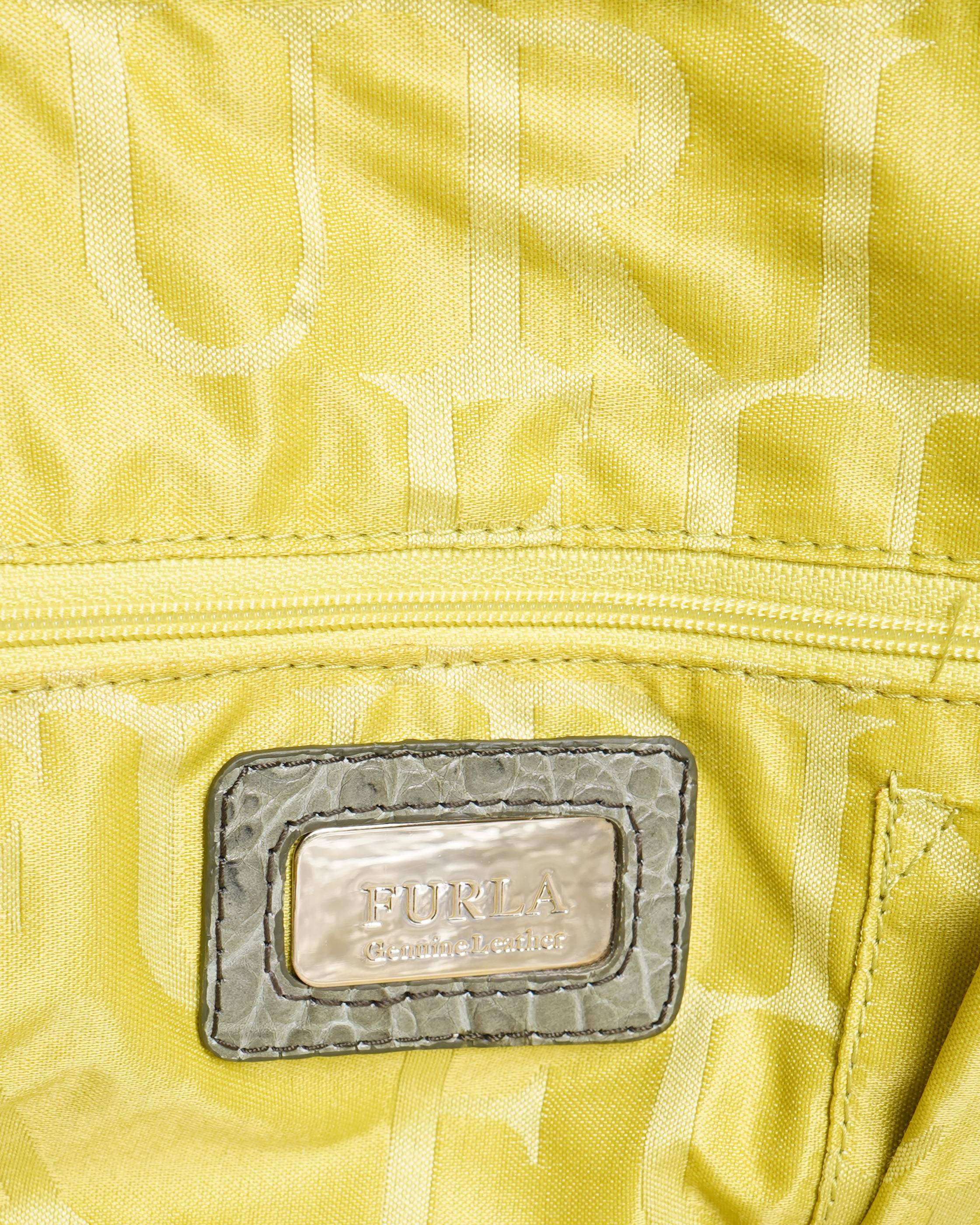 Furla Grey- Green Croc Embossed Leather Tote Bag