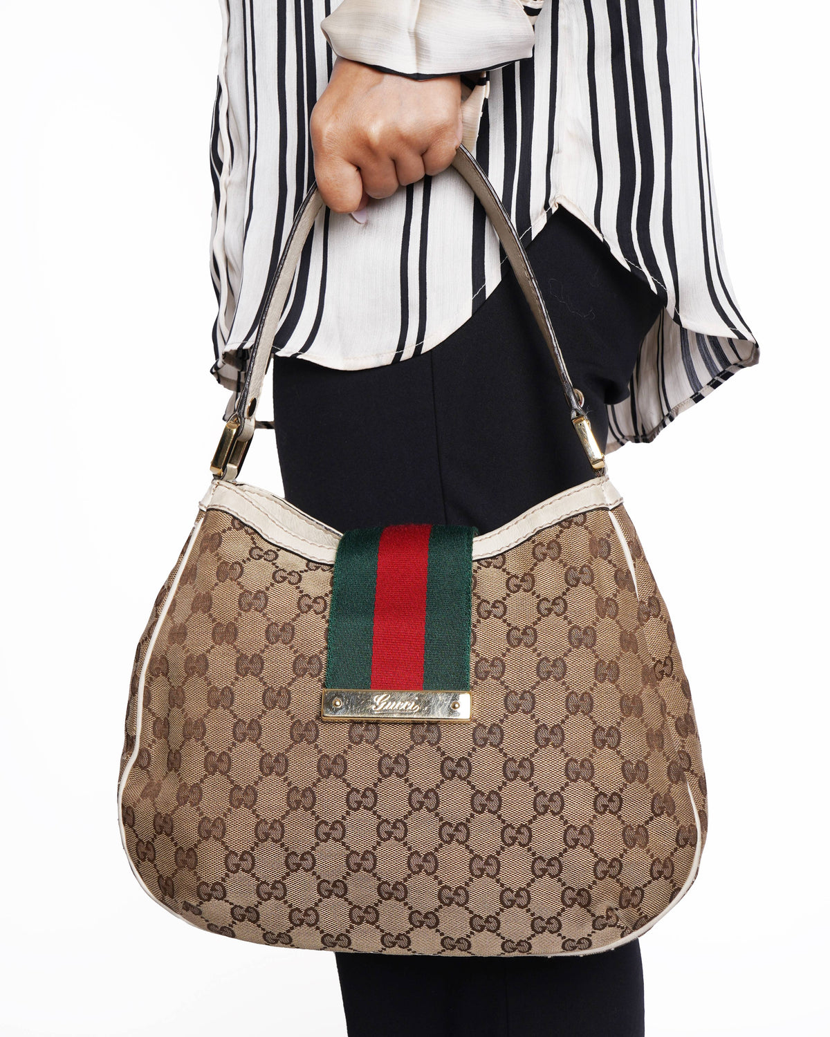 Gucci Beige/Brown GG Canvas And Leather
Medium New Ladies Web Hobo