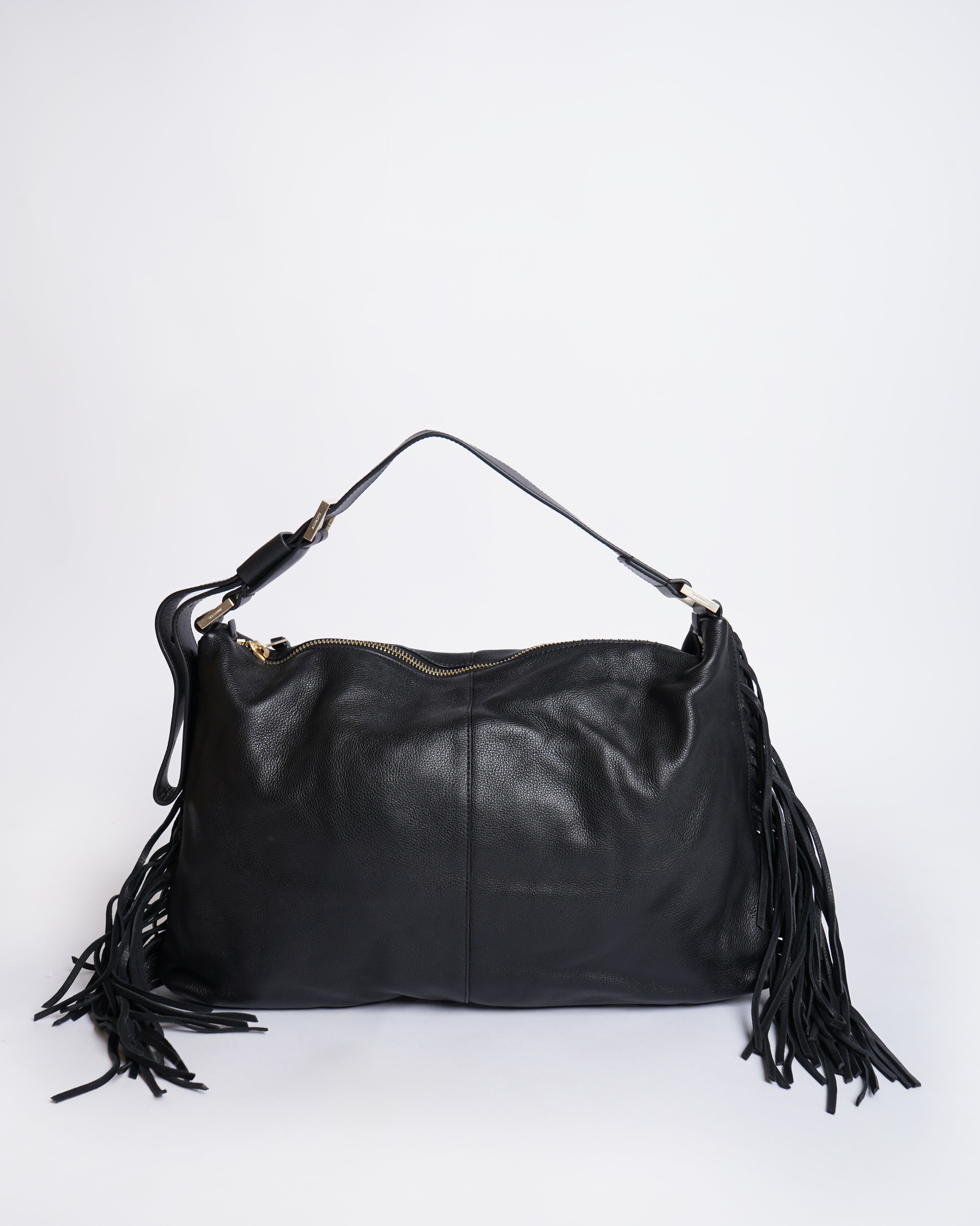 AllSaints black leather shoulder fringe bag