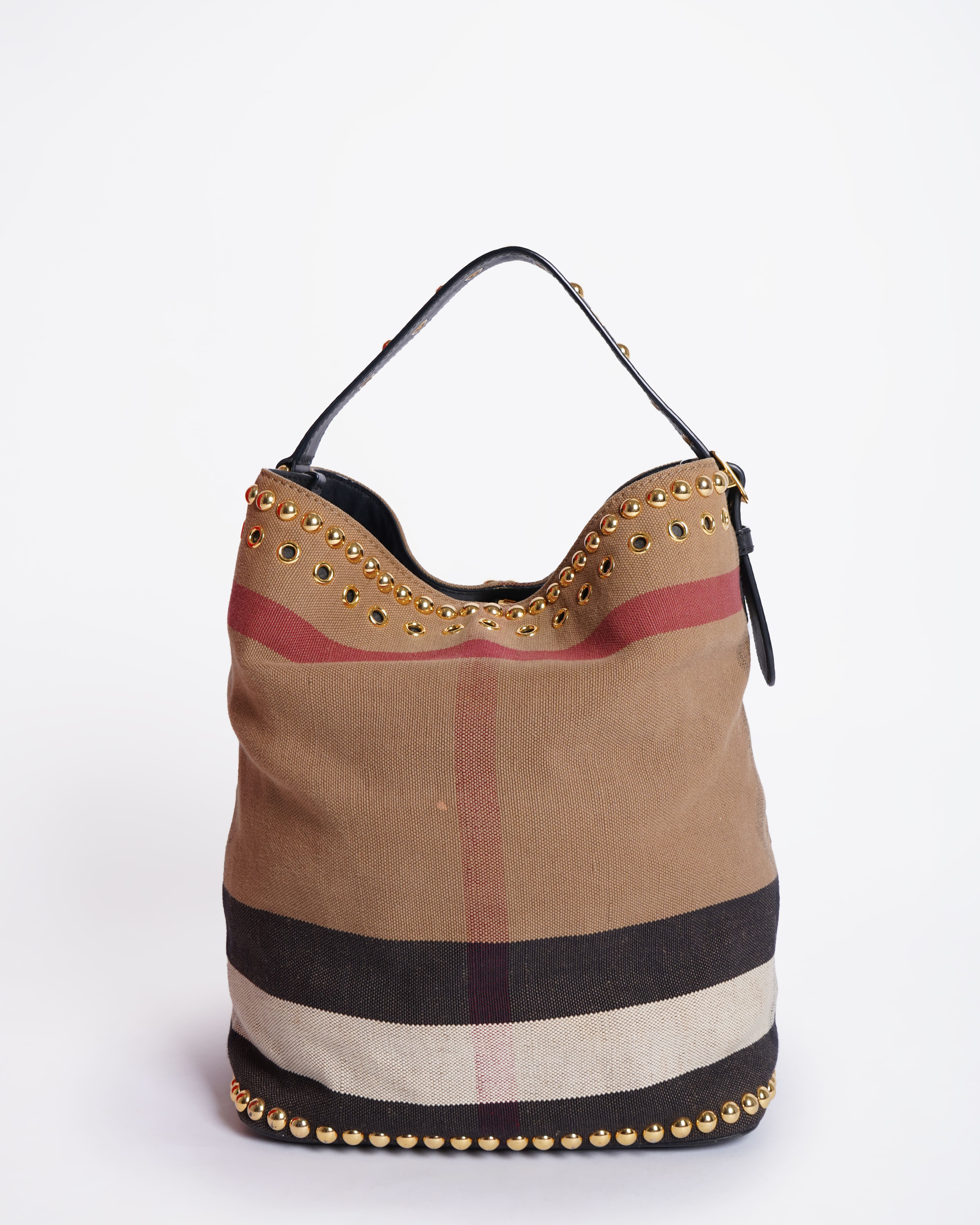 Burberry Ashby Medium Studded Check Canvas Hobo Bag