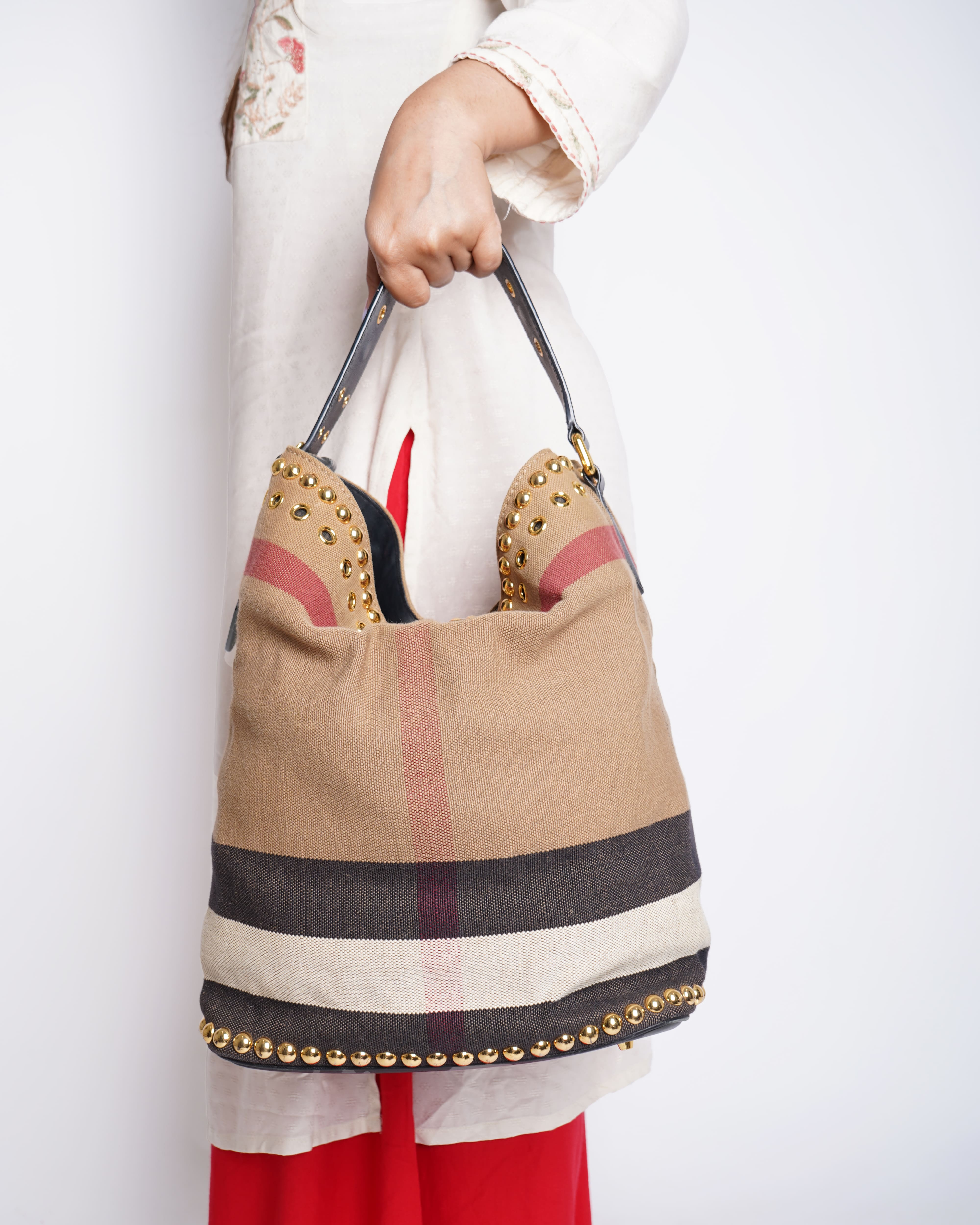 Burberry Ashby Medium Studded Check Canvas Hobo Bag