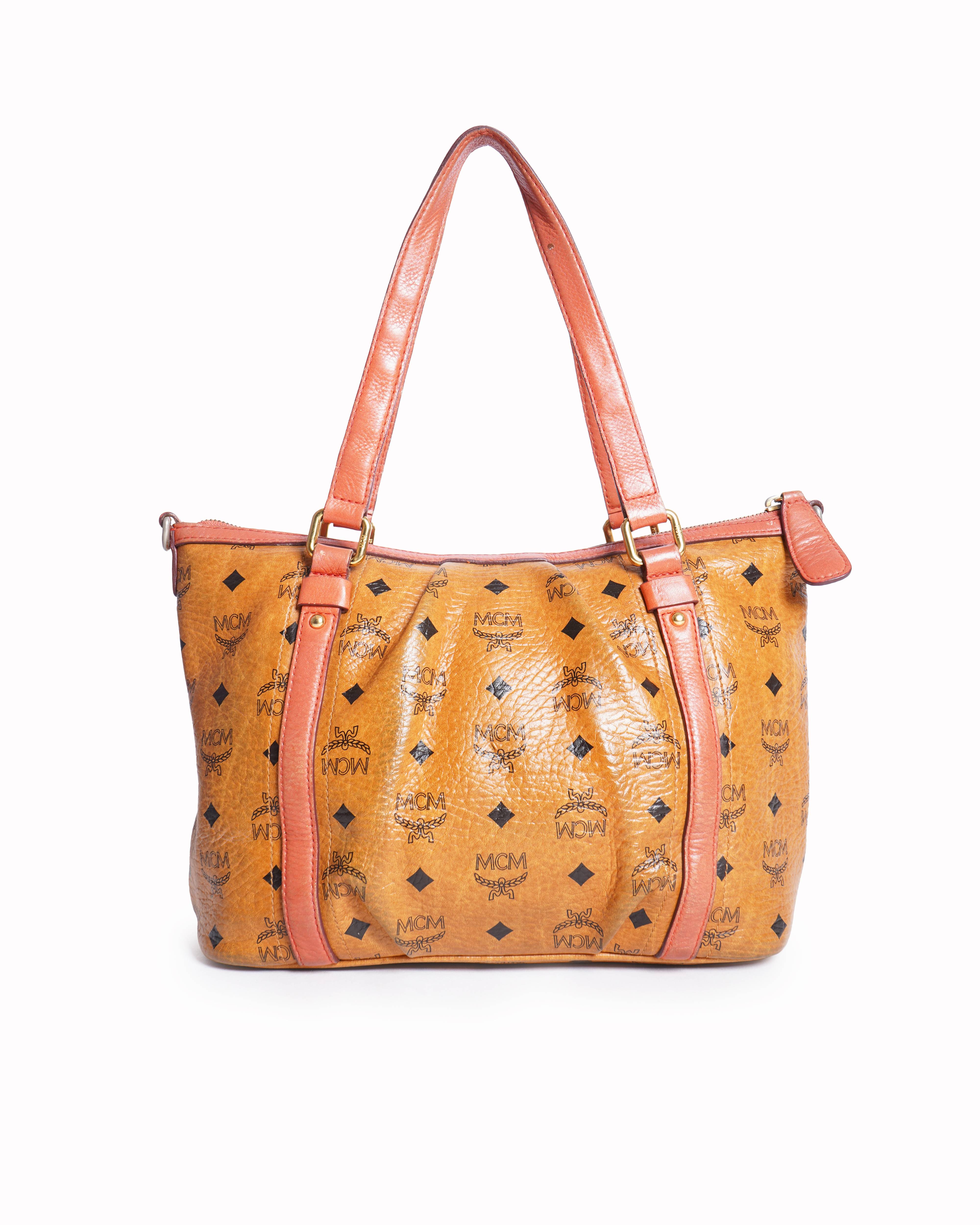 MCM Visetos coated canvas tote with orange and coral leather trim